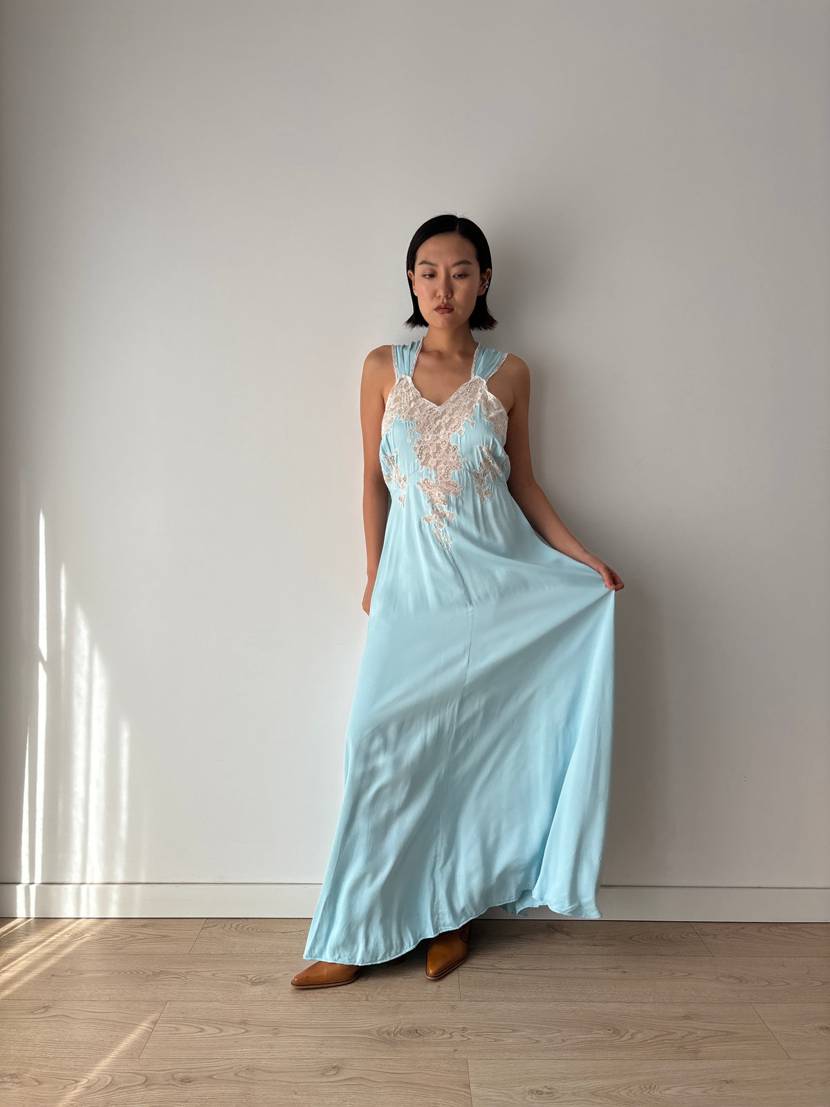 1940s Blue Satin Nightgown, Ivory Floral Lace Bodice, Vintage Maxi Slip Dress