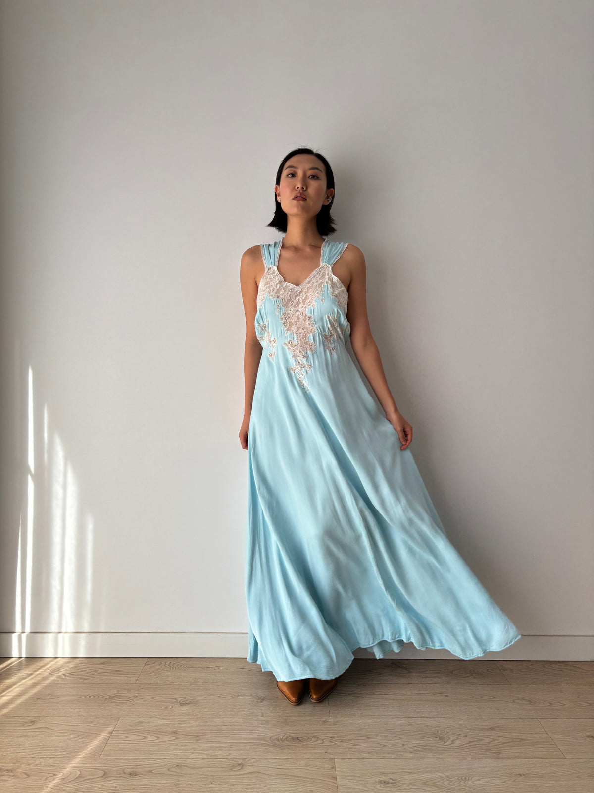 1940s Blue Satin Nightgown, Ivory Floral Lace Bodice, Vintage Maxi Slip Dress