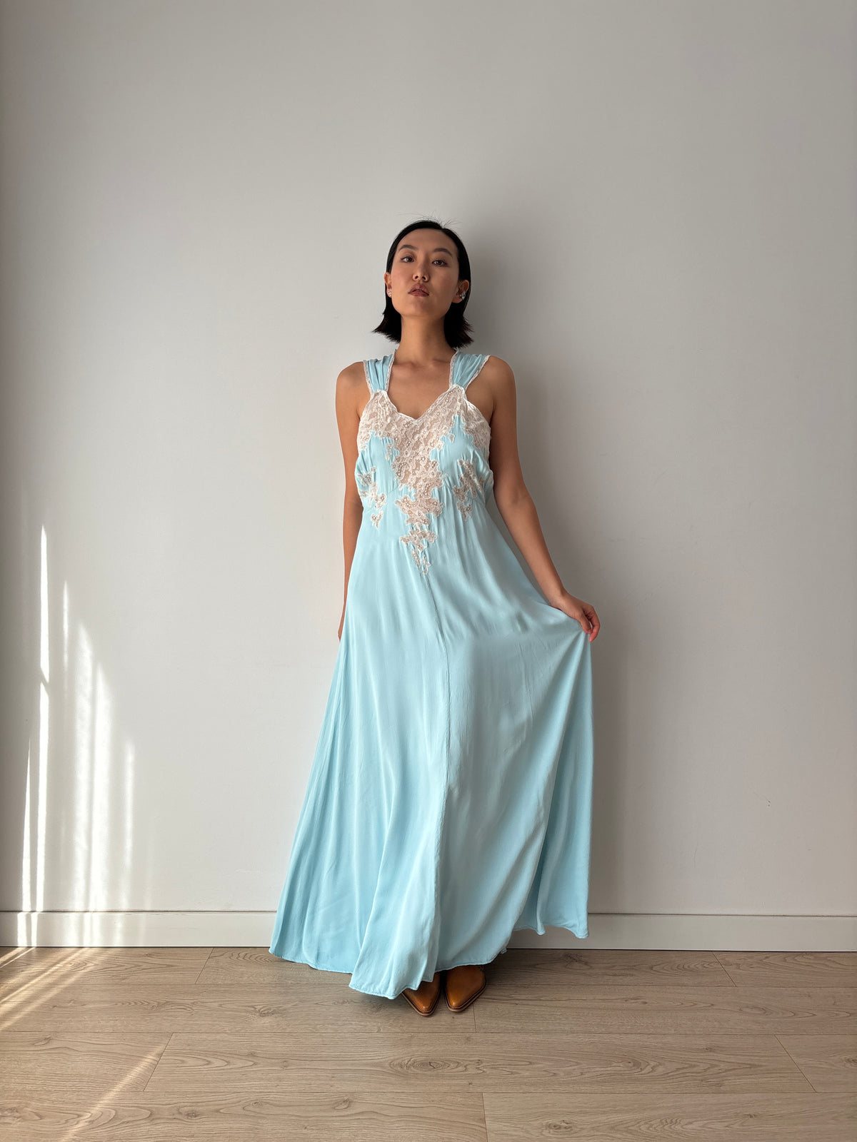 1940s Blue Satin Nightgown, Ivory Floral Lace Bodice, Vintage Maxi Slip Dress