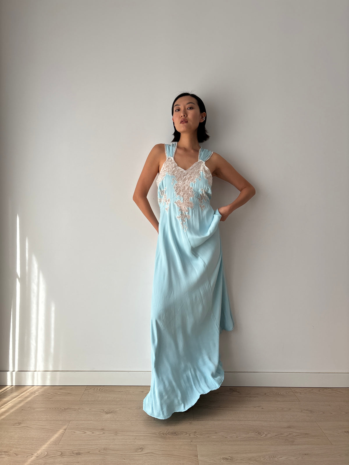 1940s Blue Satin Nightgown, Ivory Floral Lace Bodice, Vintage Maxi Slip Dress