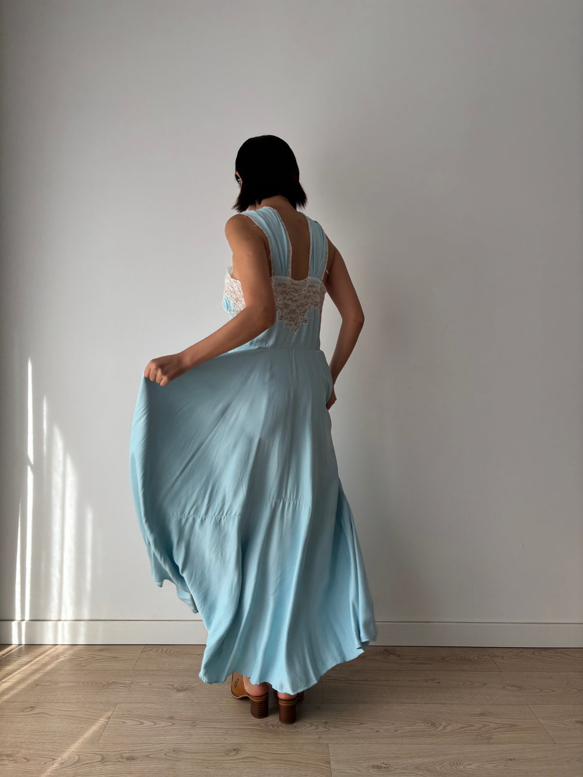 1940s Blue Satin Nightgown, Ivory Floral Lace Bodice, Vintage Maxi Slip Dress