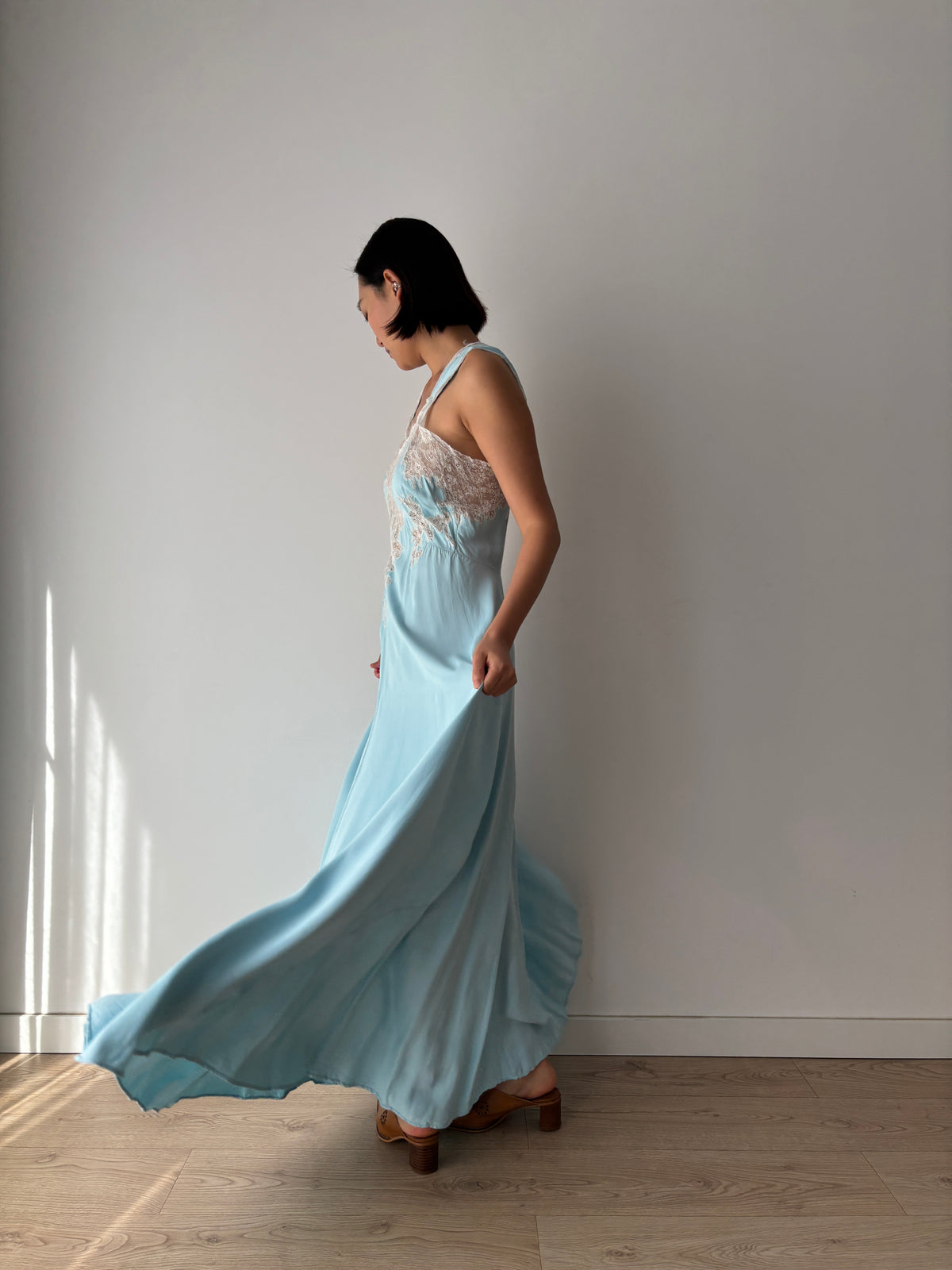 1940s Blue Satin Nightgown, Ivory Floral Lace Bodice, Vintage Maxi Slip Dress