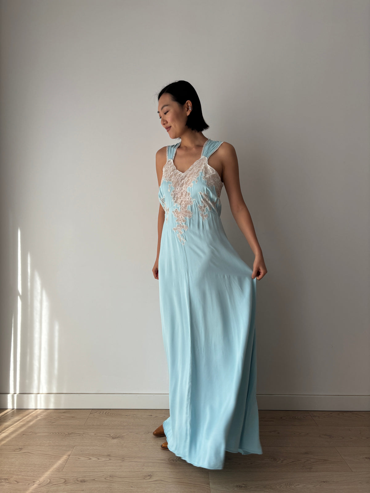 1940s Blue Satin Nightgown, Ivory Floral Lace Bodice, Vintage Maxi Slip Dress