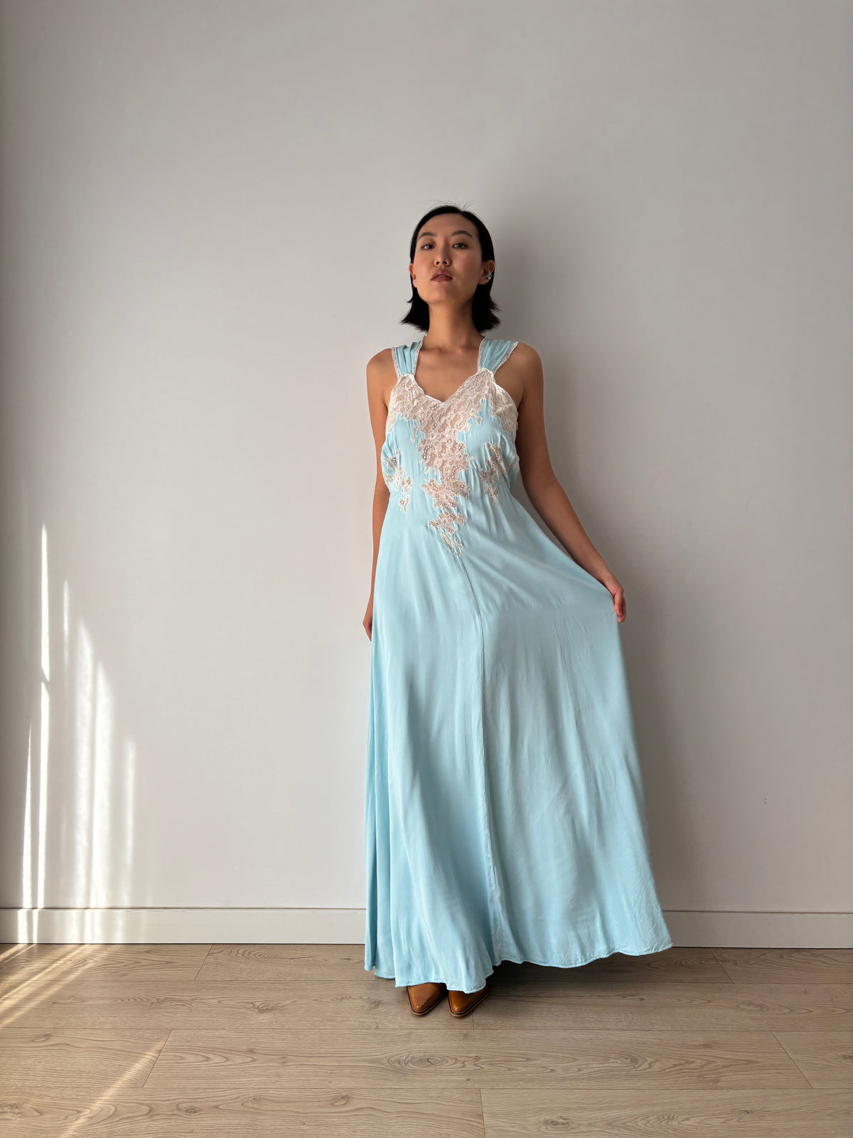 1940s Blue Satin Nightgown, Ivory Floral Lace Bodice, Vintage Maxi Slip Dress
