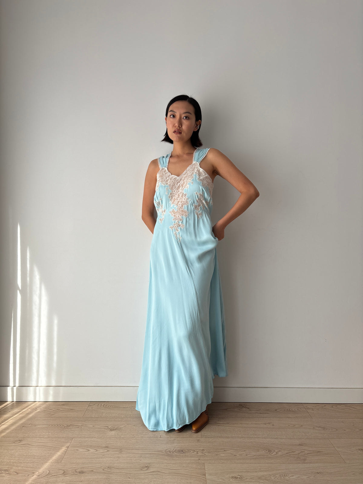1940s Blue Satin Nightgown, Ivory Floral Lace Bodice, Vintage Maxi Slip Dress