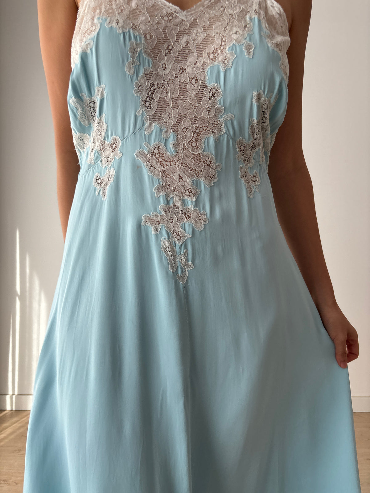 1940s Blue Satin Nightgown, Ivory Floral Lace Bodice, Vintage Maxi Slip Dress
