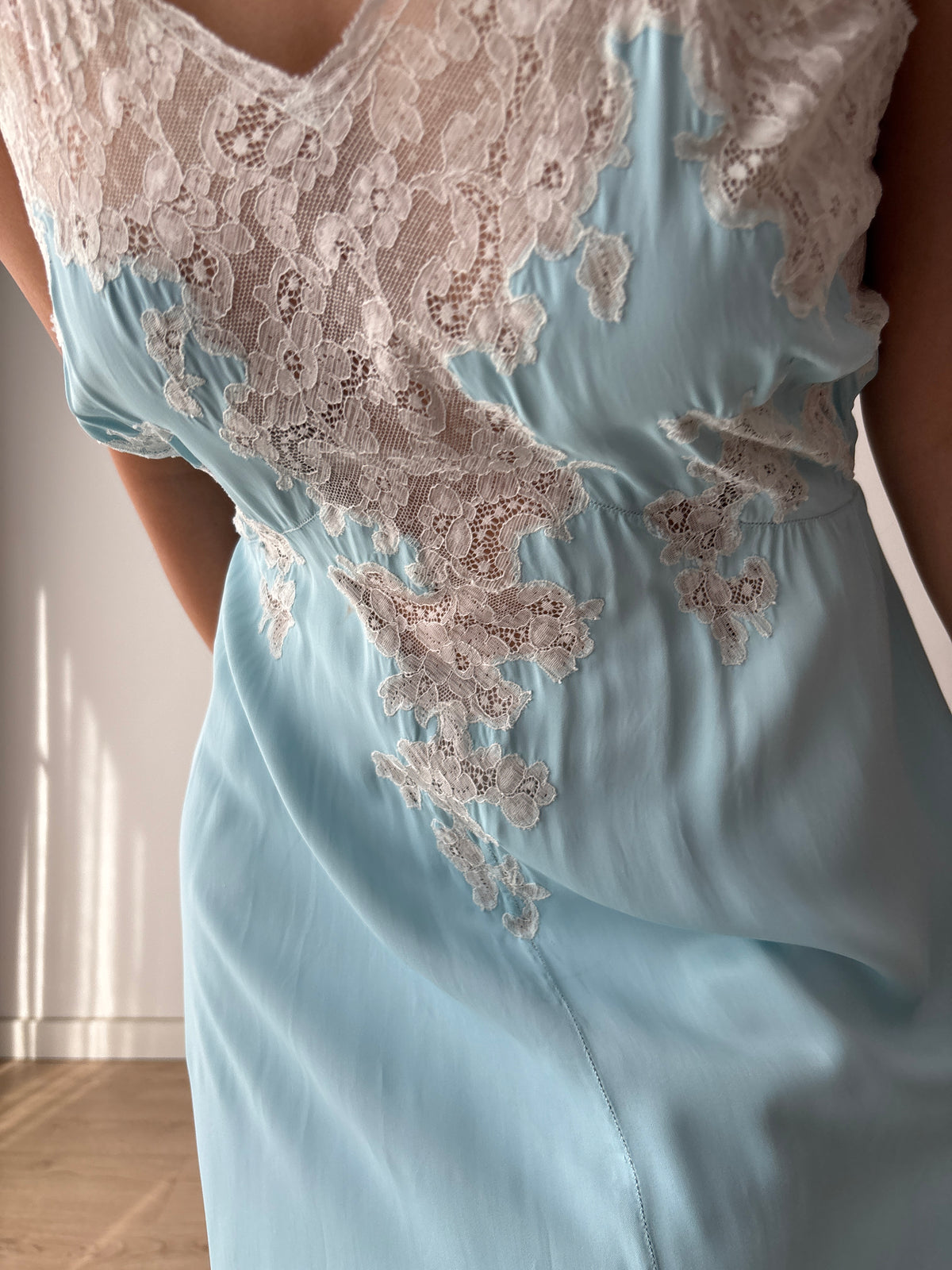 1940s Blue Satin Nightgown, Ivory Floral Lace Bodice, Vintage Maxi Slip Dress
