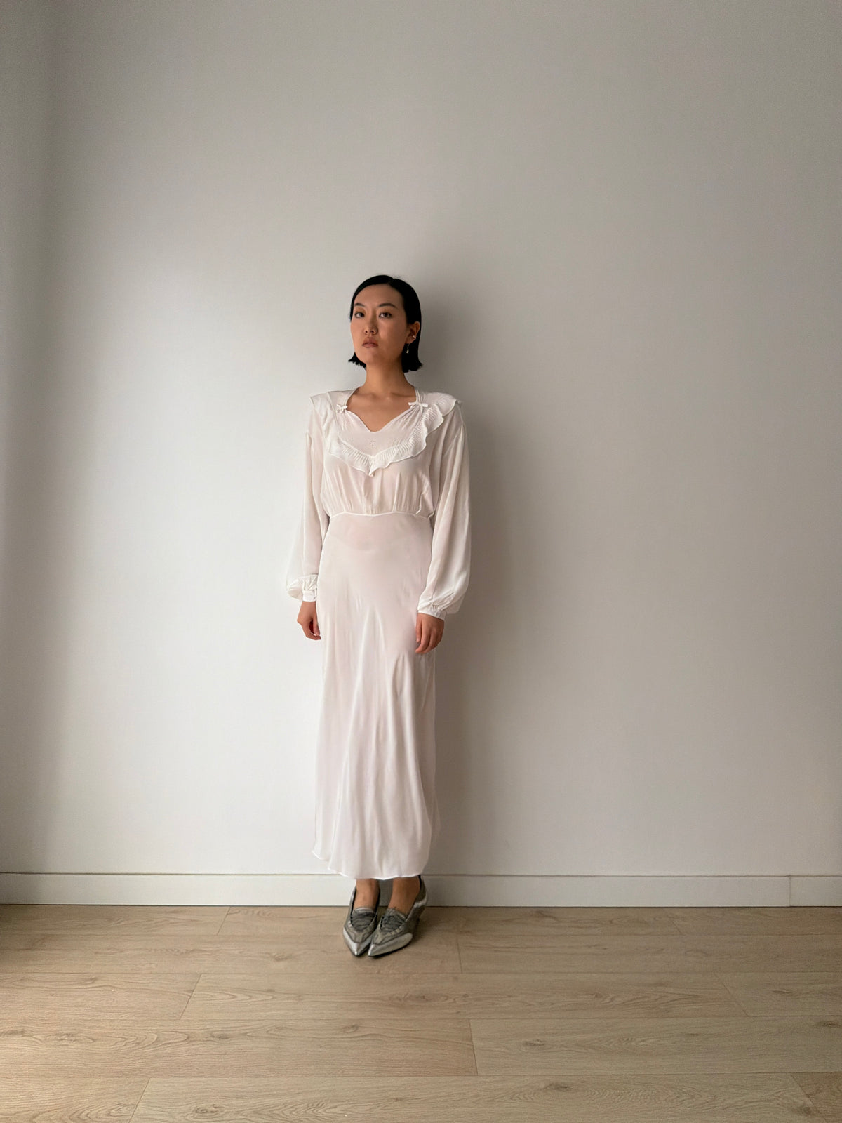 1950s Silk Lace Floral Embroidered Maxi Dress,