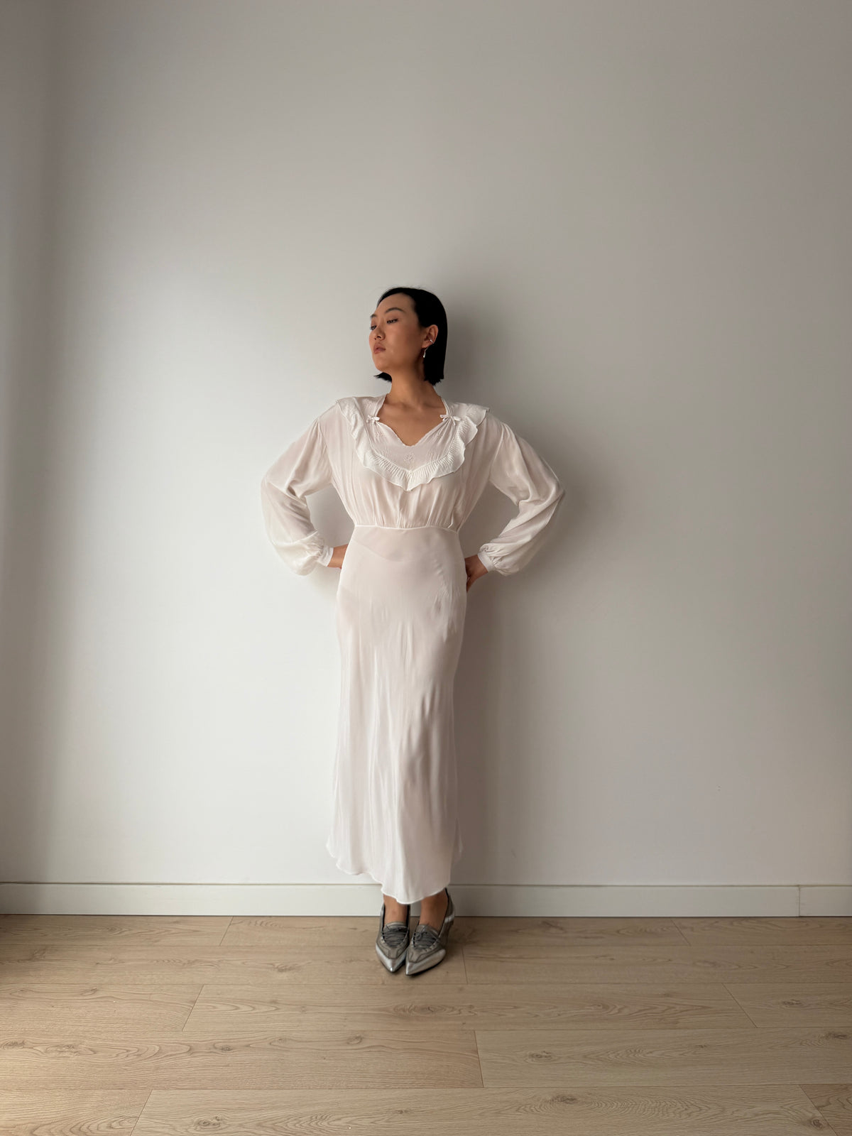 1950s Silk Lace Floral Embroidered Maxi Dress,