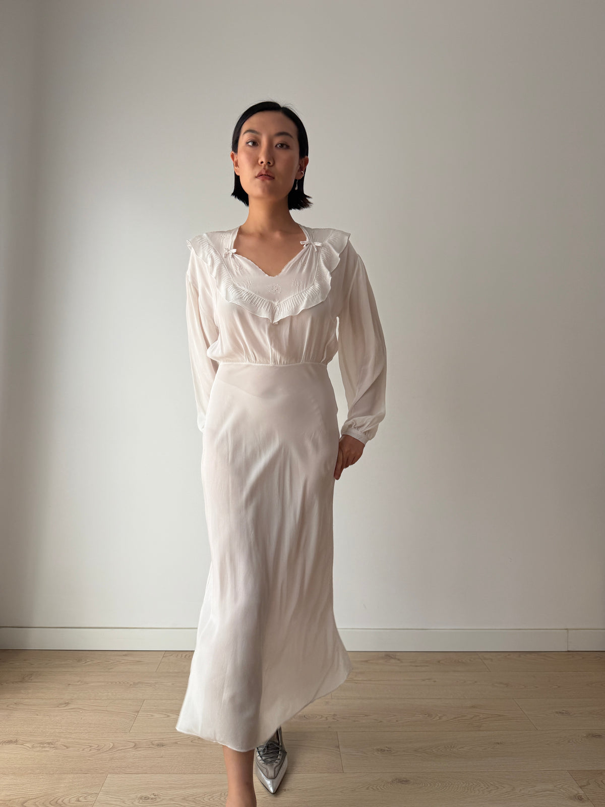 1950s Silk Lace Floral Embroidered Maxi Dress,