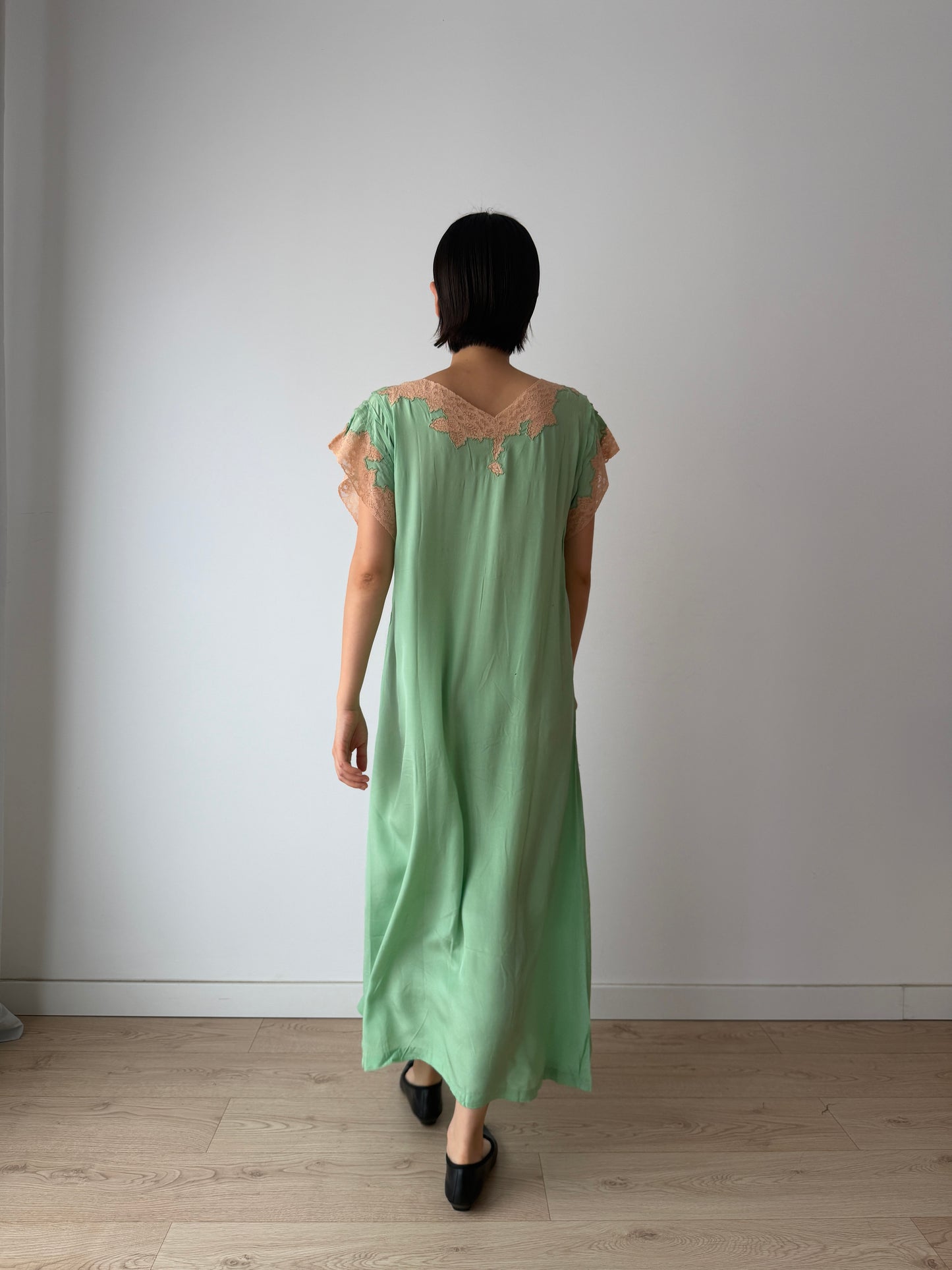 1920s Green French Lace Embroidered Silk Satin Nightgown: Romantic Maxi Slip Dress