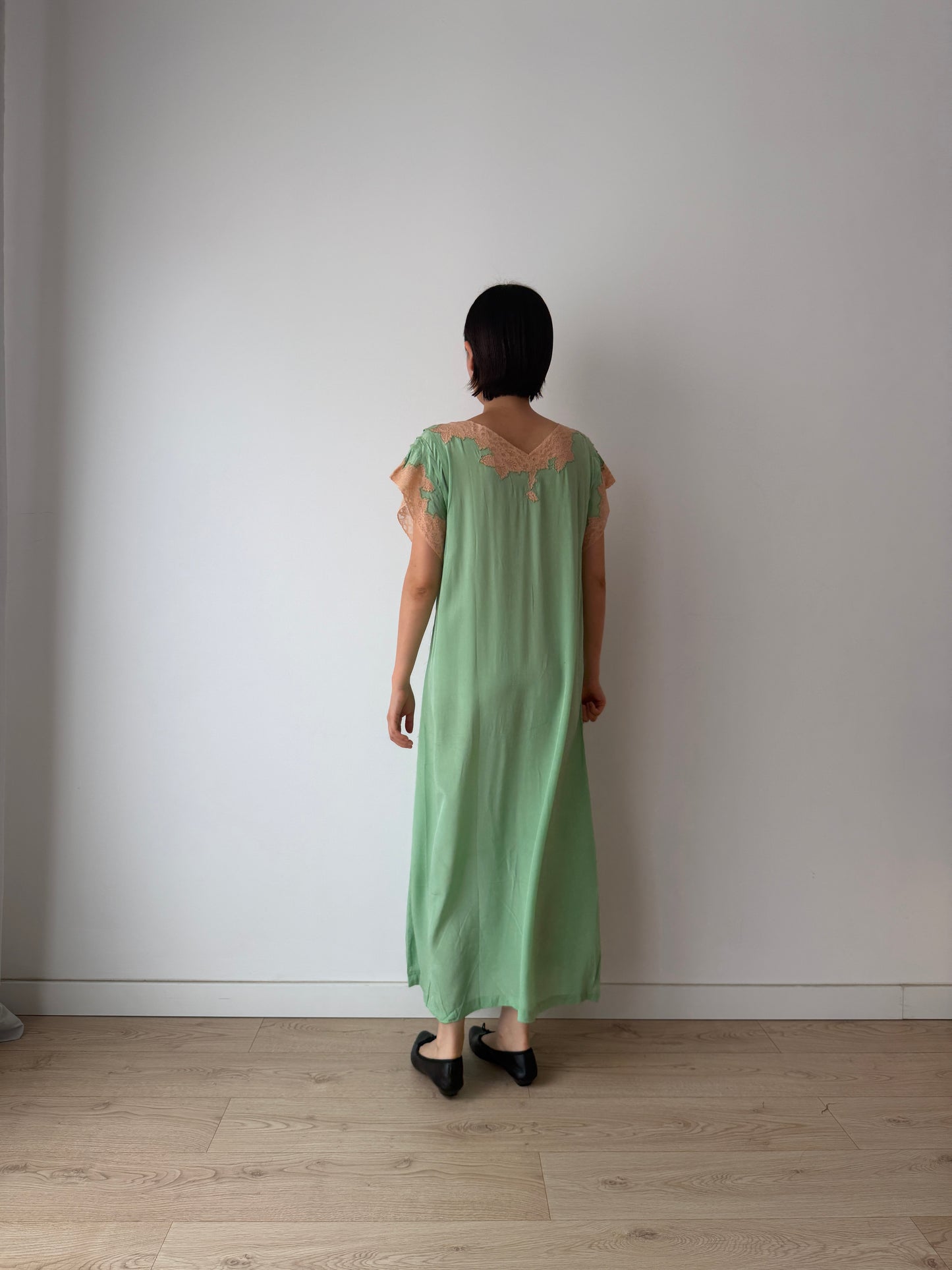 1920s Green French Lace Embroidered Silk Satin Nightgown: Romantic Maxi Slip Dress