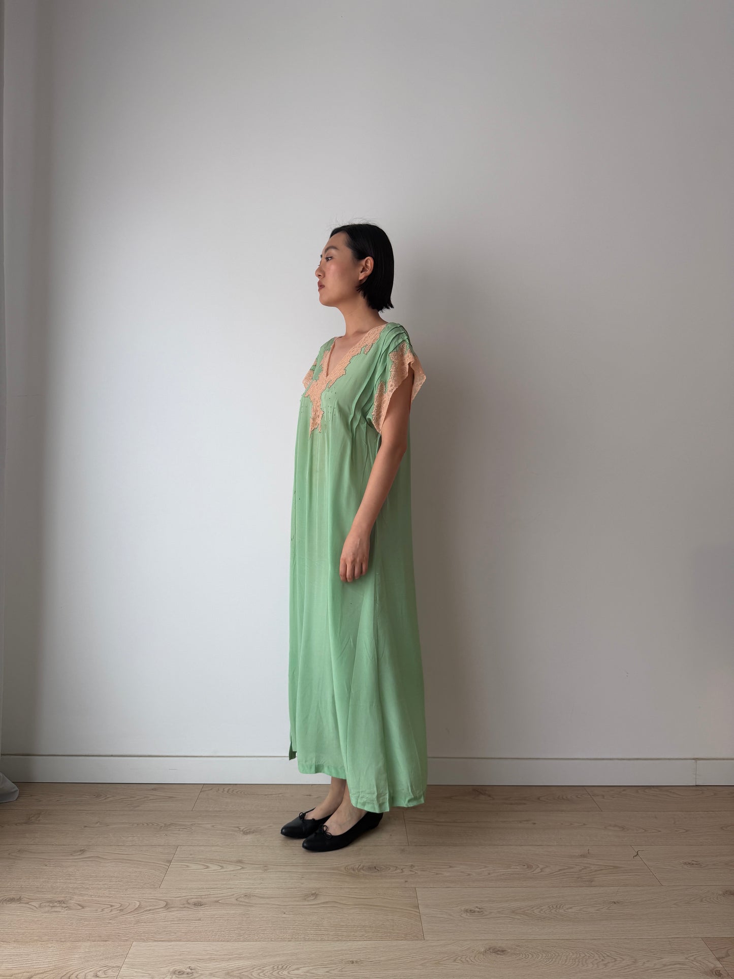 1920s Green French Lace Embroidered Silk Satin Nightgown: Romantic Maxi Slip Dress