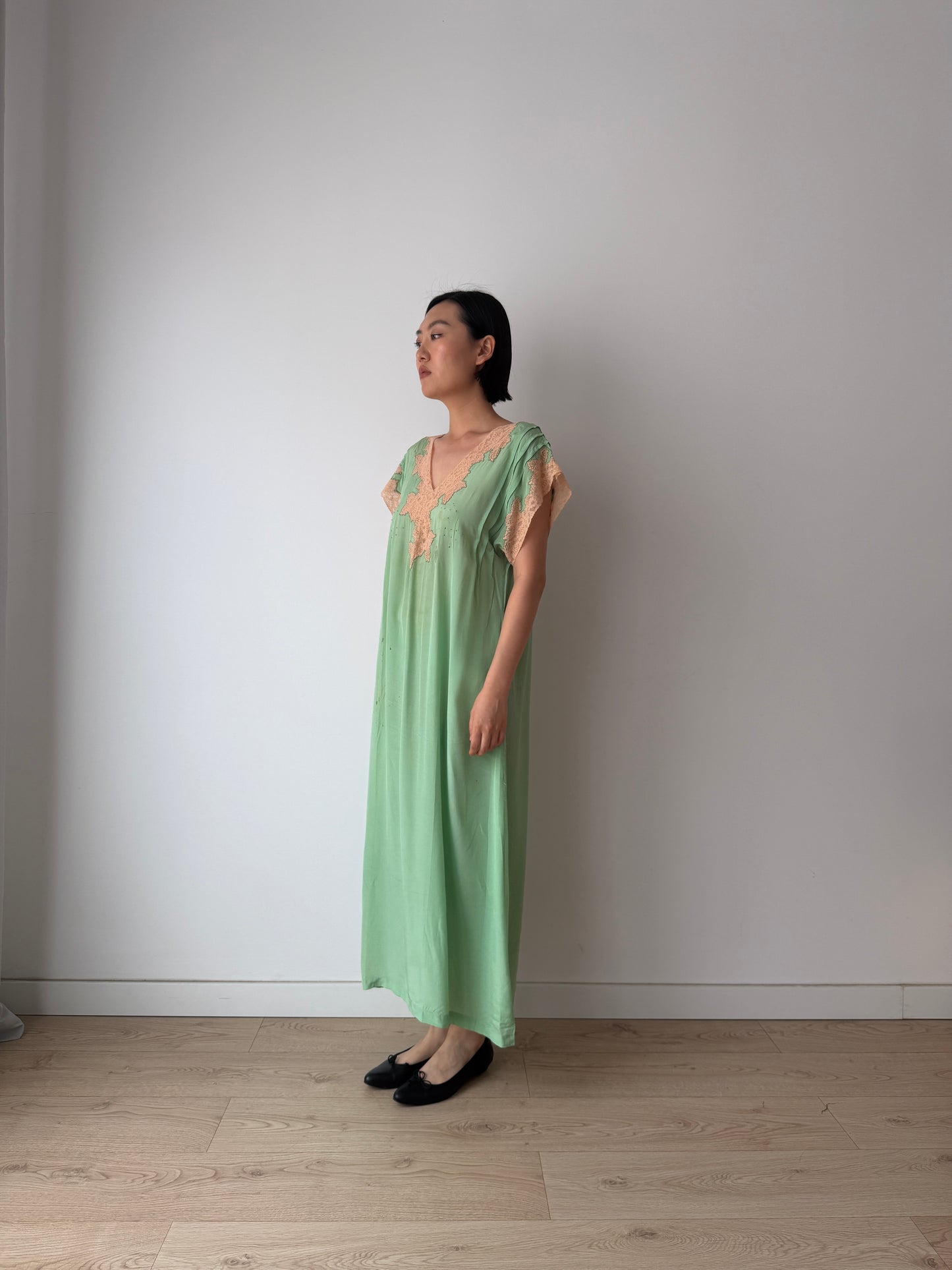 1920s Green French Lace Embroidered Silk Satin Nightgown: Romantic Maxi Slip Dress