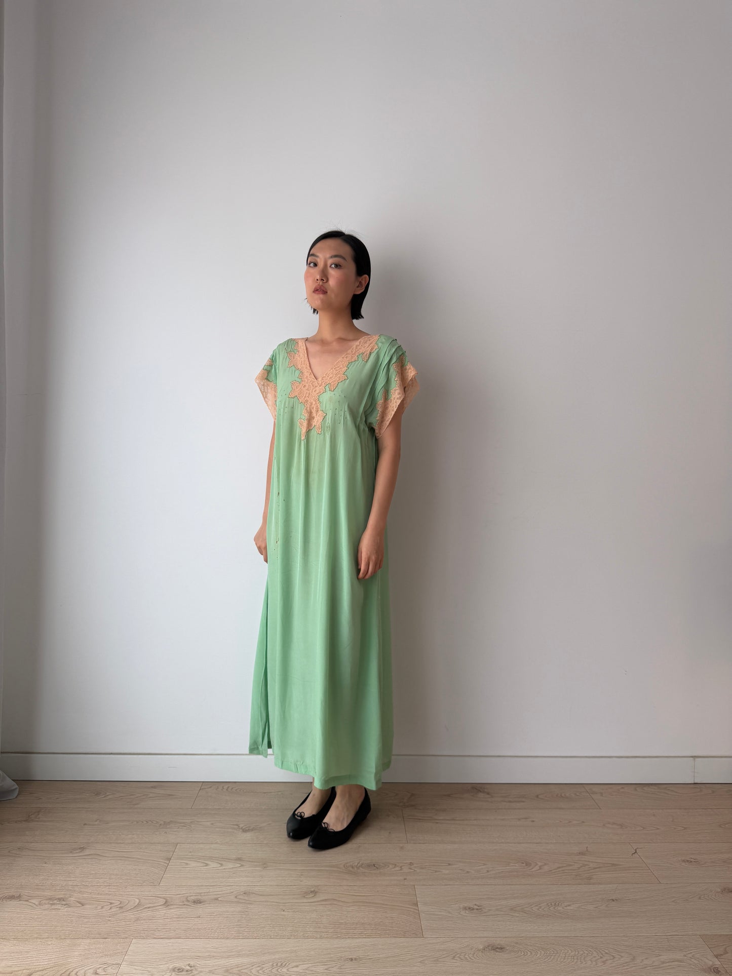 1920s Green French Lace Embroidered Silk Satin Nightgown: Romantic Maxi Slip Dress