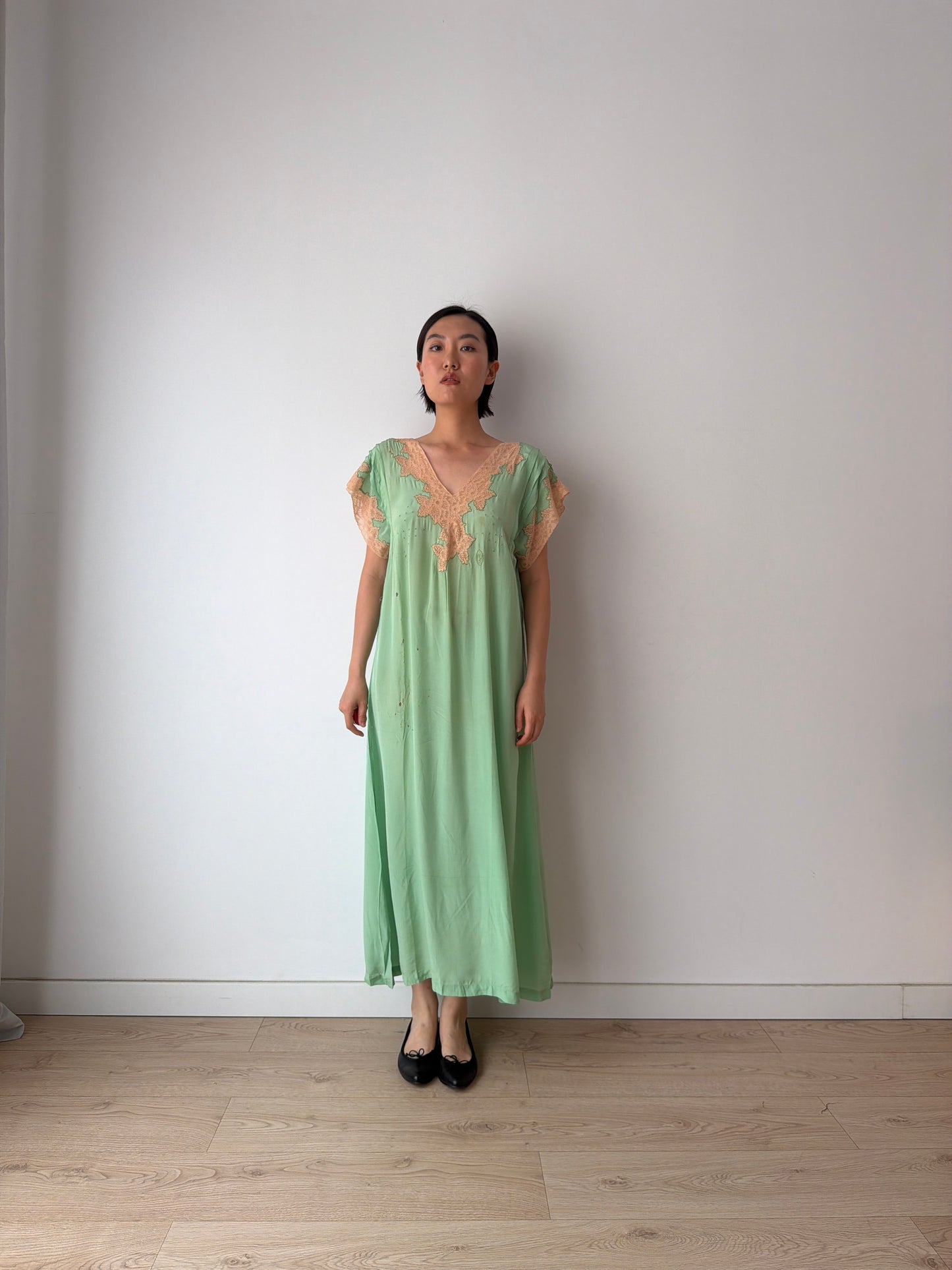 1920s Green French Lace Embroidered Silk Satin Nightgown: Romantic Maxi Slip Dress
