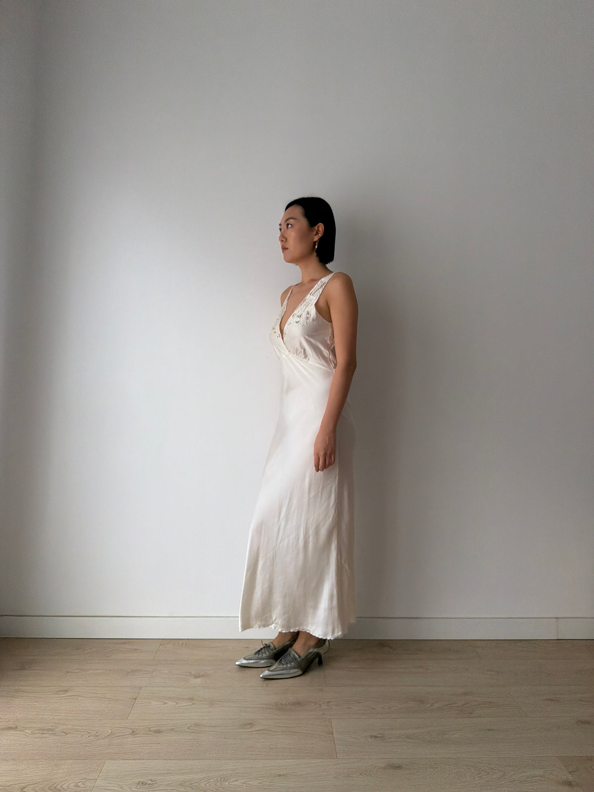 1960s Vintage Pure Silk Slip Dress with Embroidery, Antique Lace Bridal Lingerie