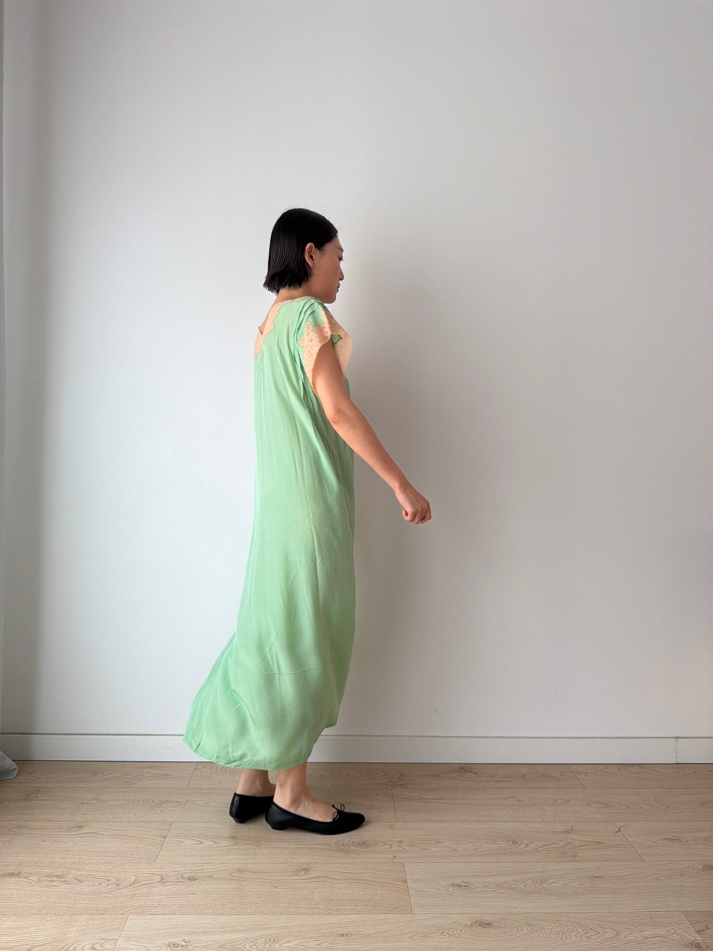 1920s Green French Lace Embroidered Silk Satin Nightgown: Romantic Maxi Slip Dress
