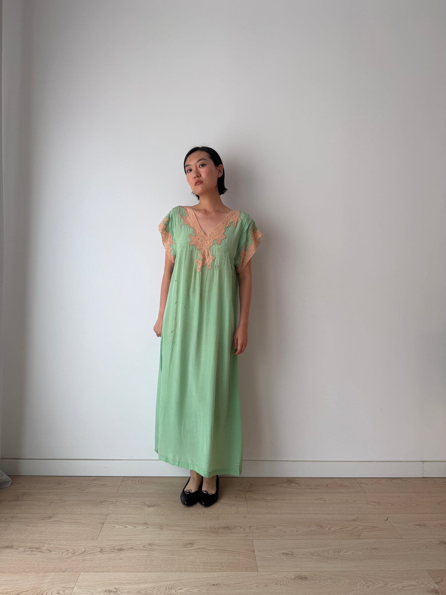1920s Green French Lace Embroidered Silk Satin Nightgown: Romantic Maxi Slip Dress