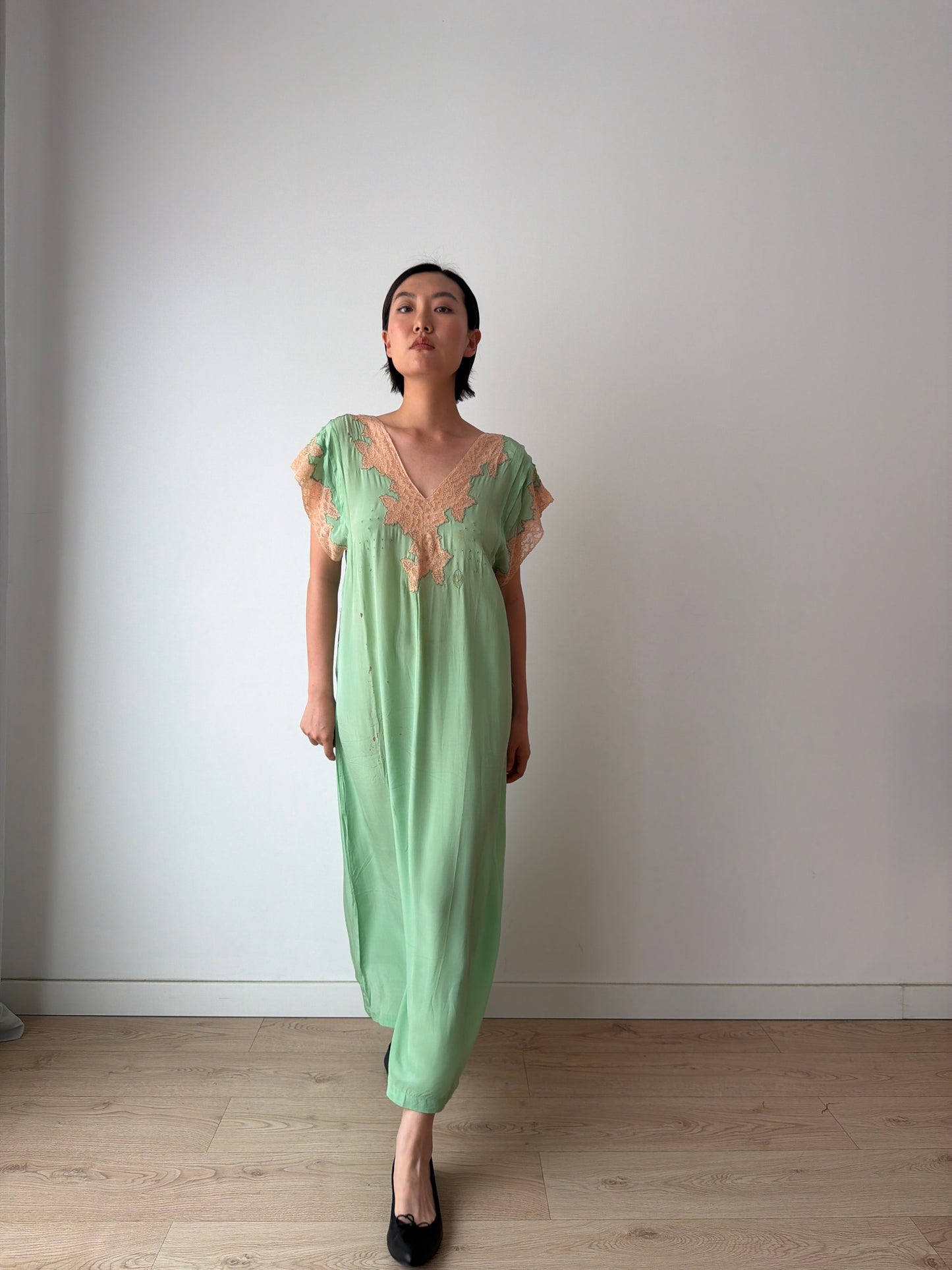 1920s Green French Lace Embroidered Silk Satin Nightgown: Romantic Maxi Slip Dress