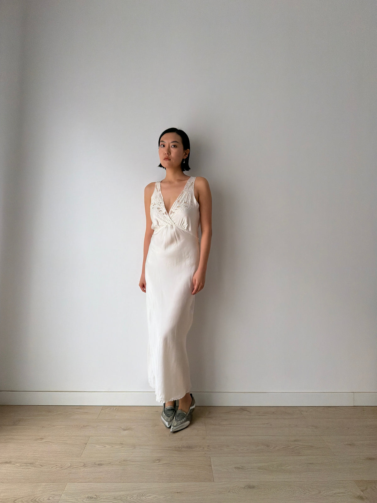 1960s Vintage Pure Silk Slip Dress with Embroidery, Antique Lace Bridal Lingerie