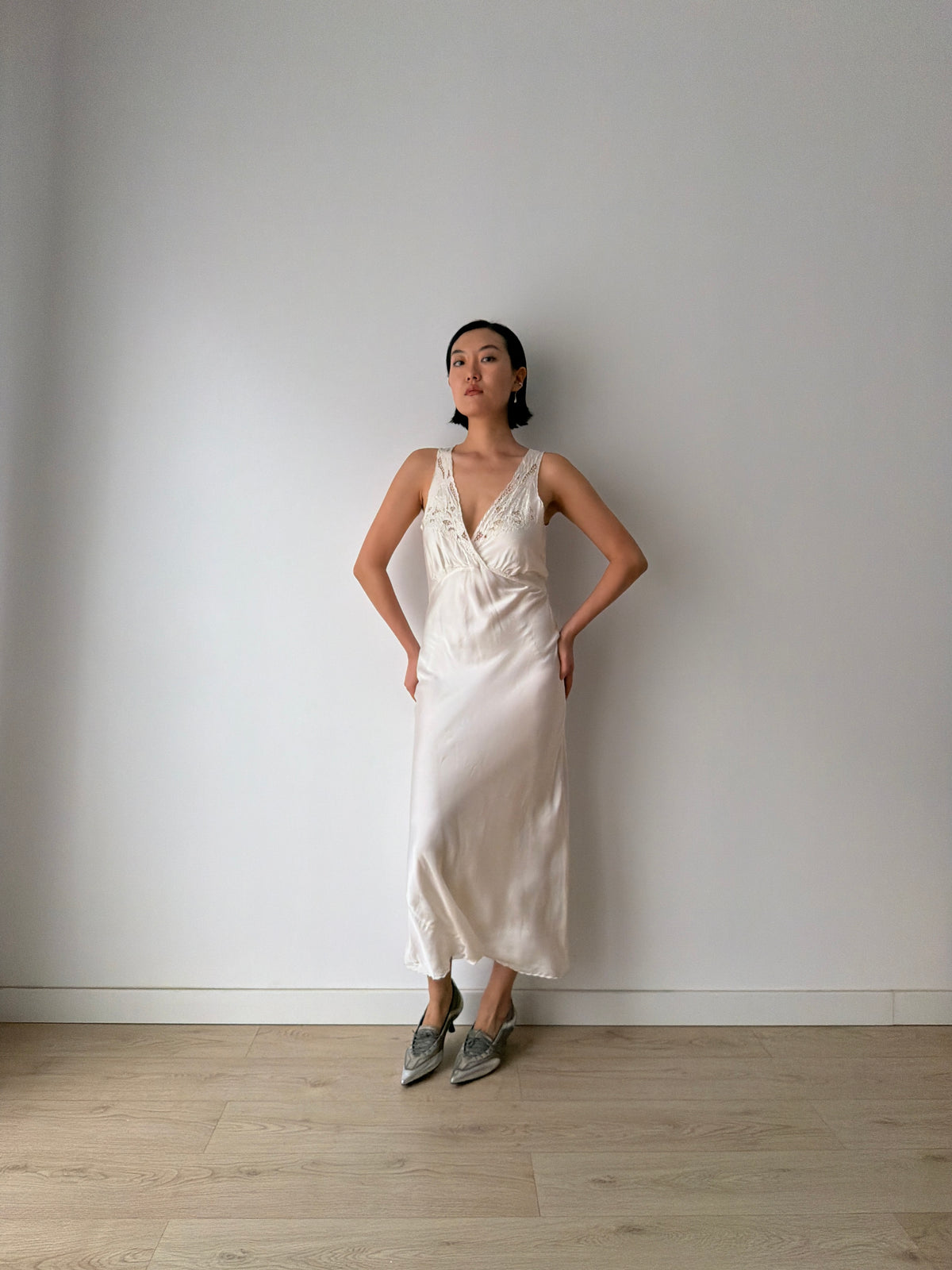 1960s Vintage Pure Silk Slip Dress with Embroidery, Antique Lace Bridal Lingerie