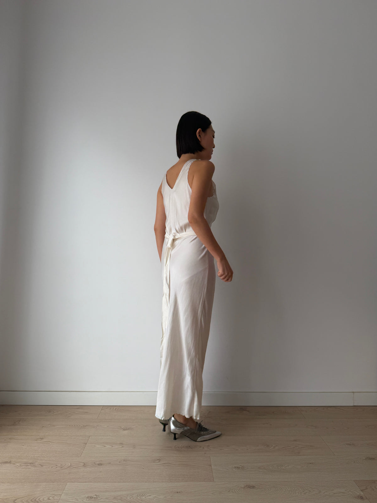 1960s Vintage Pure Silk Slip Dress with Embroidery, Antique Lace Bridal Lingerie