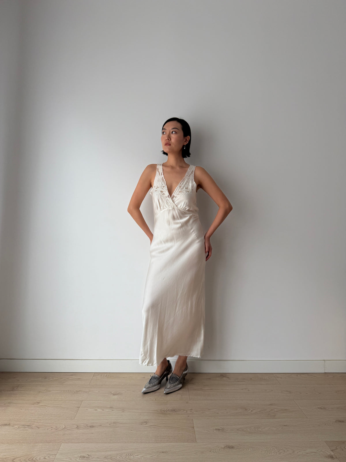 1960s Vintage Pure Silk Slip Dress with Embroidery, Antique Lace Bridal Lingerie