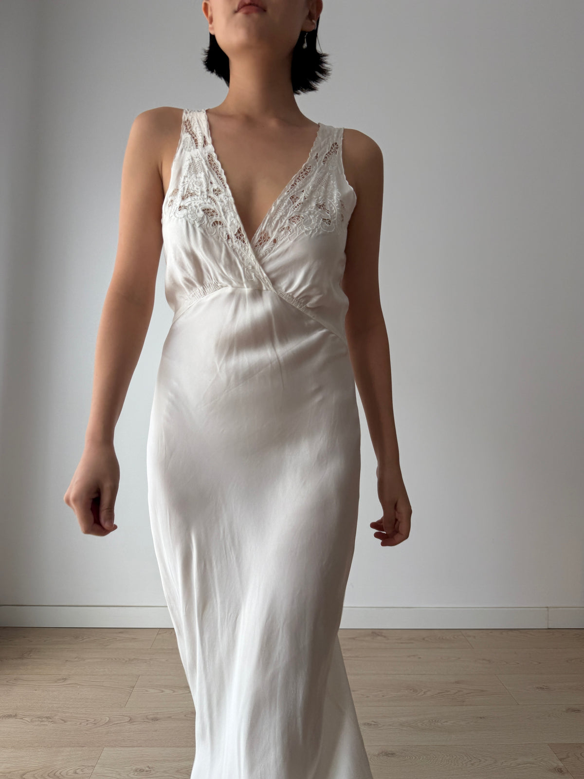 1960s Vintage Pure Silk Slip Dress with Embroidery, Antique Lace Bridal Lingerie