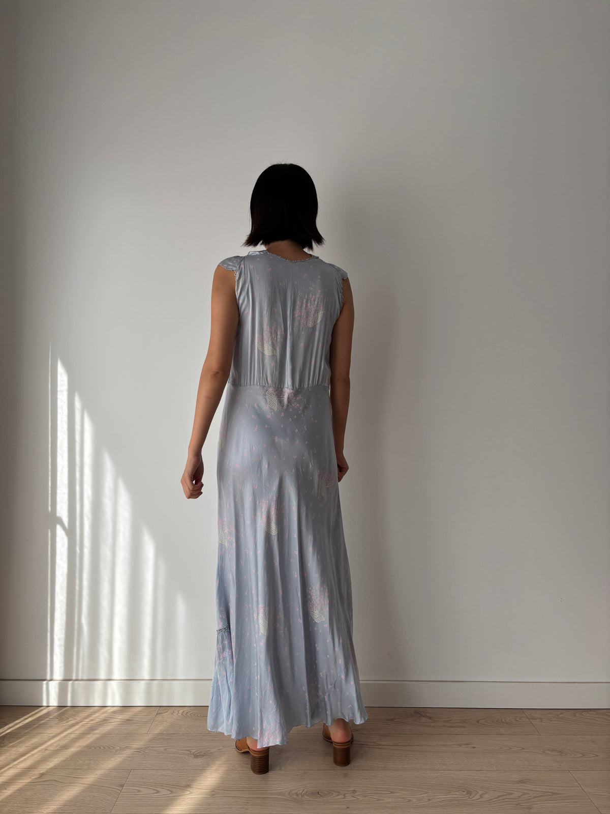 1930s–1940s Blue Floral Nightgown, Ruffled Square Neck and Lace Trim, Vintage Maxi Dress