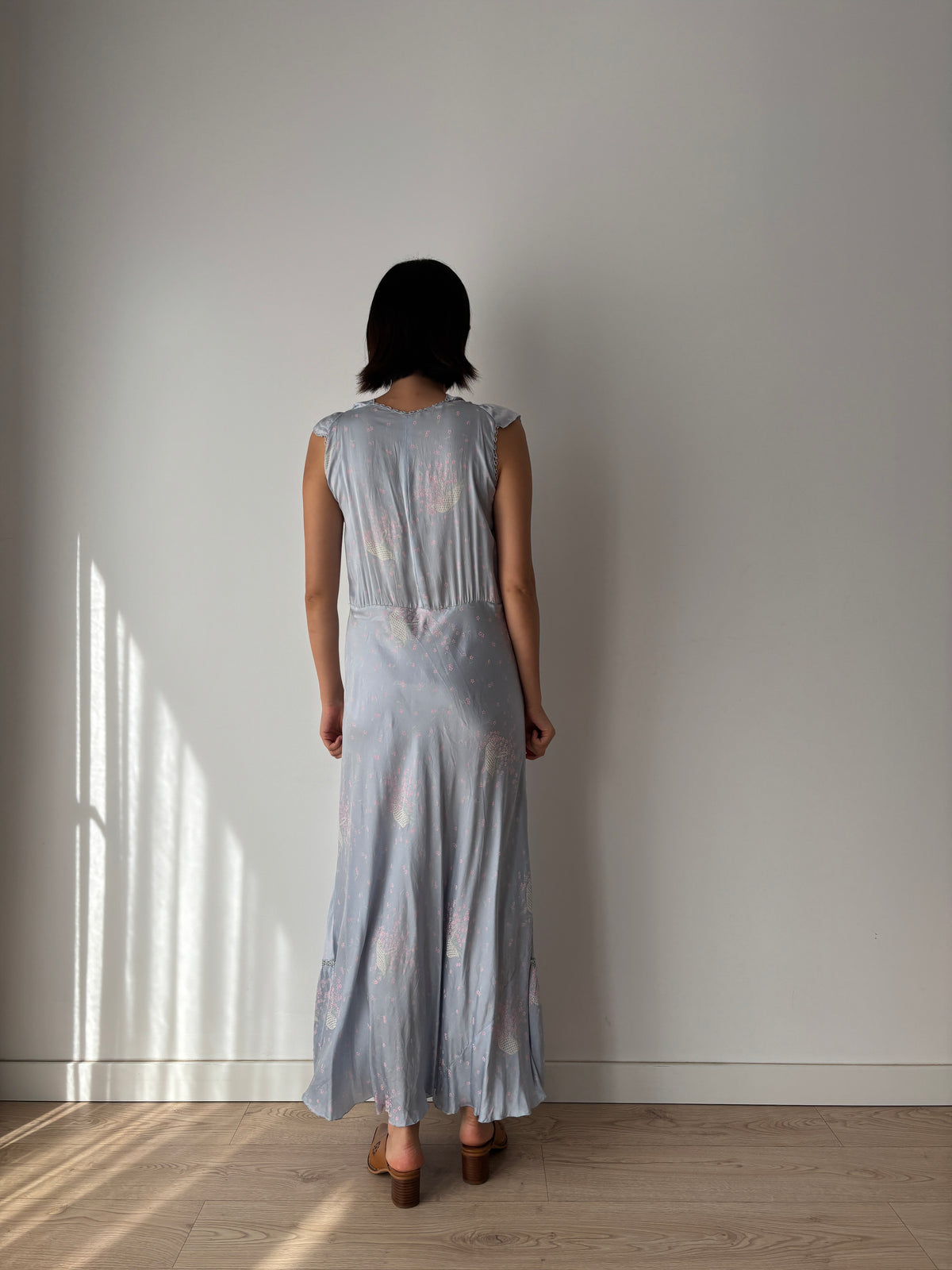 1930s–1940s Blue Floral Nightgown, Ruffled Square Neck and Lace Trim, Vintage Maxi Dress