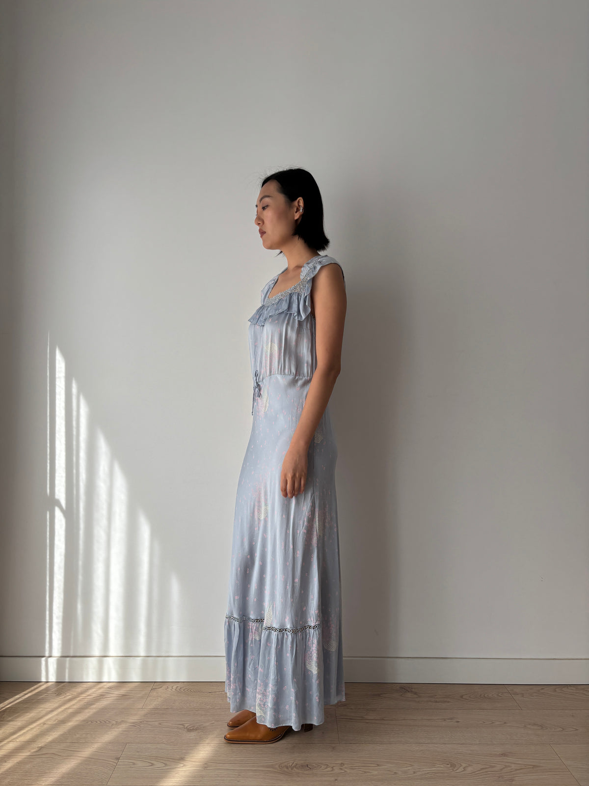 1930s–1940s Blue Floral Nightgown, Ruffled Square Neck and Lace Trim, Vintage Maxi Dress