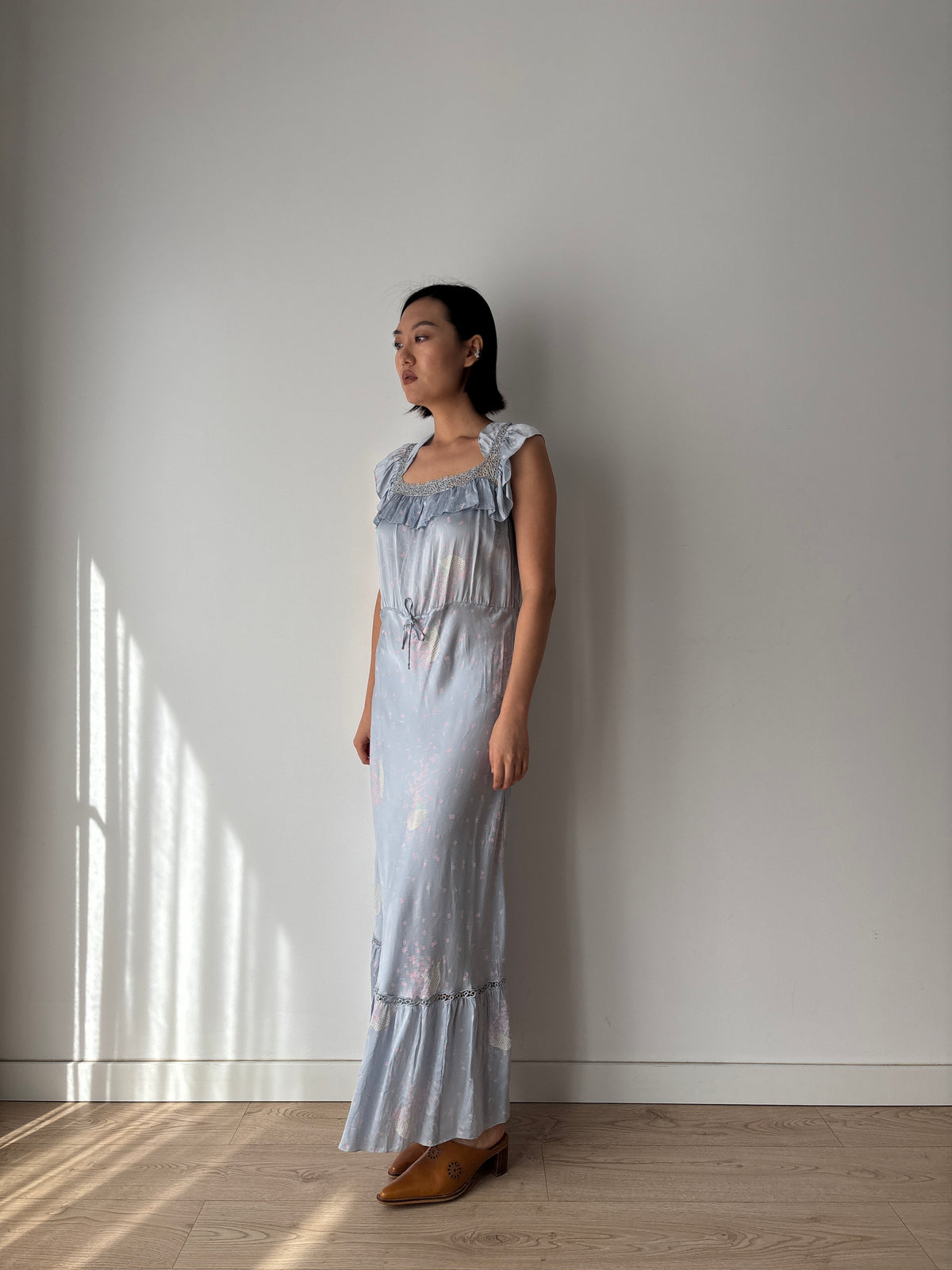 1930s–1940s Blue Floral Nightgown, Ruffled Square Neck and Lace Trim, Vintage Maxi Dress