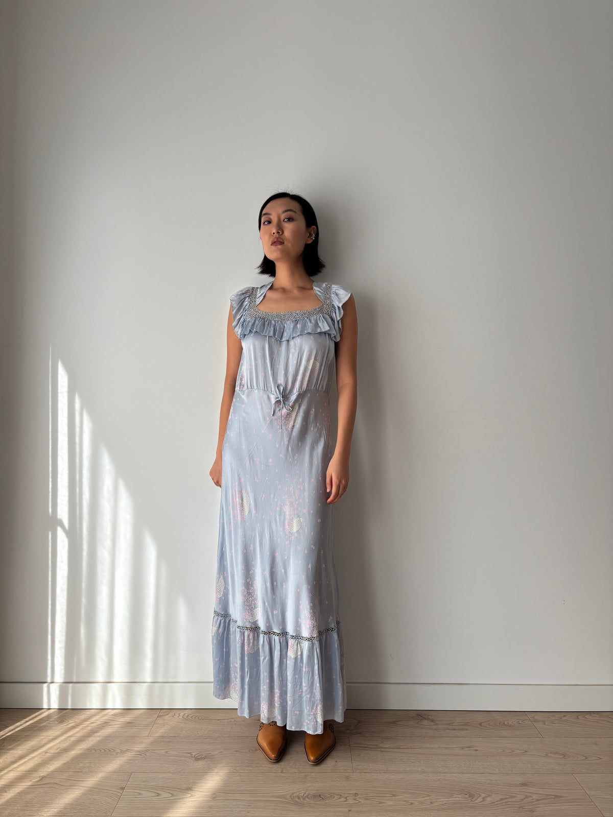 1930s–1940s Blue Floral Nightgown, Ruffled Square Neck and Lace Trim, Vintage Maxi Dress