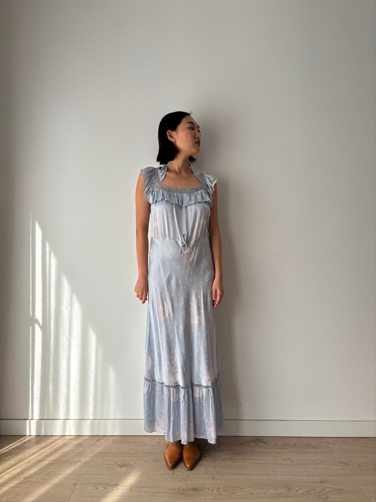 1930s–1940s Blue Floral Nightgown, Ruffled Square Neck and Lace Trim, Vintage Maxi Dress