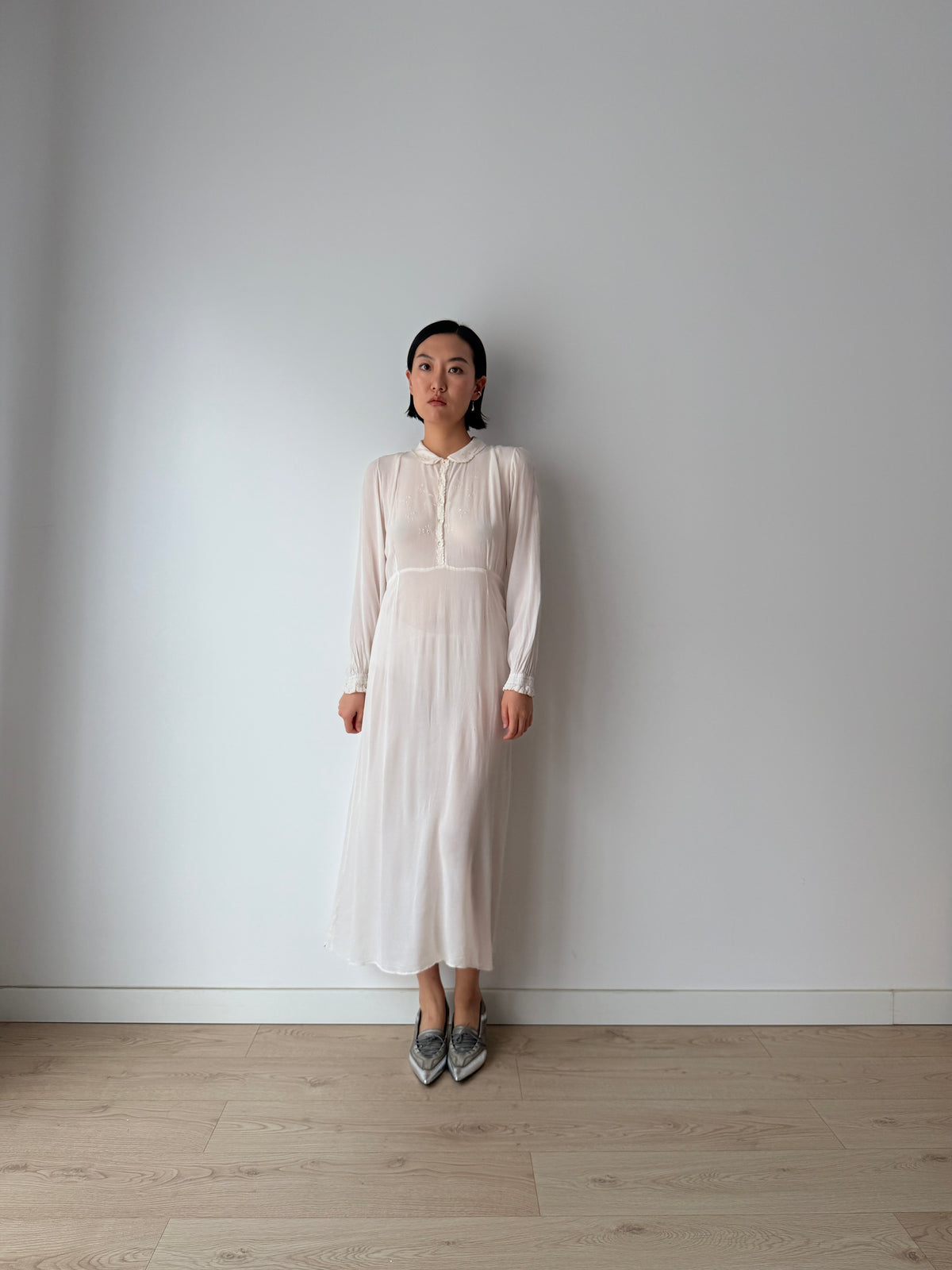 1940s Embroidery Silk Bias Cut Romantic Bridal Maxi Dress, Vintage Lace Wedding Gown