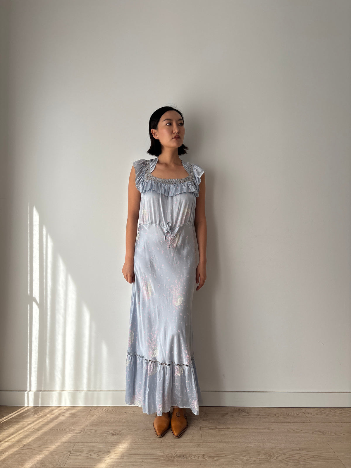 1930s–1940s Blue Floral Nightgown, Ruffled Square Neck and Lace Trim, Vintage Maxi Dress