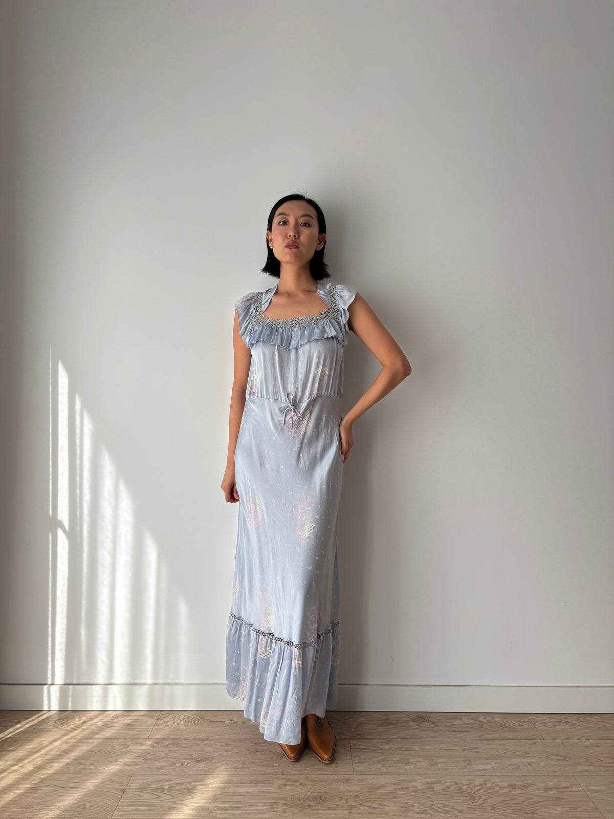 1930s–1940s Blue Floral Nightgown, Ruffled Square Neck and Lace Trim, Vintage Maxi Dress