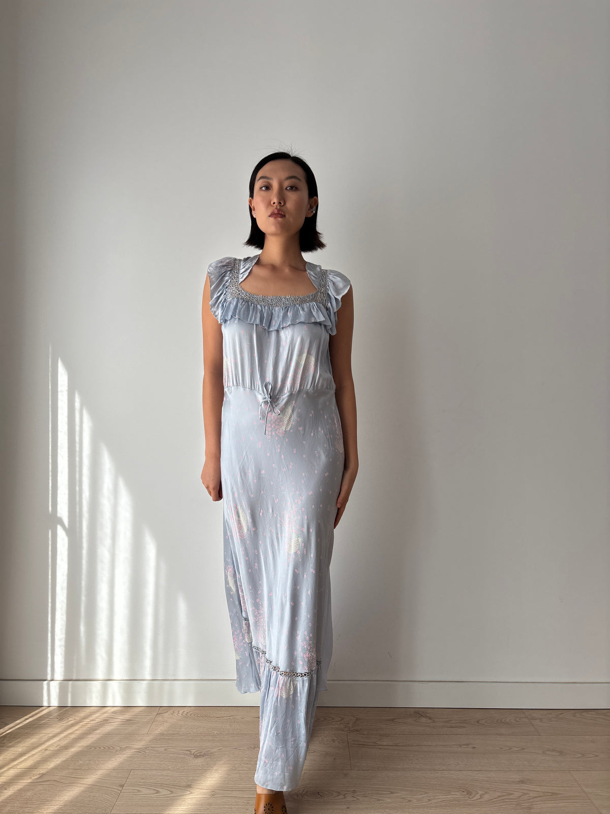 1930s–1940s Blue Floral Nightgown, Ruffled Square Neck and Lace Trim, Vintage Maxi Dress