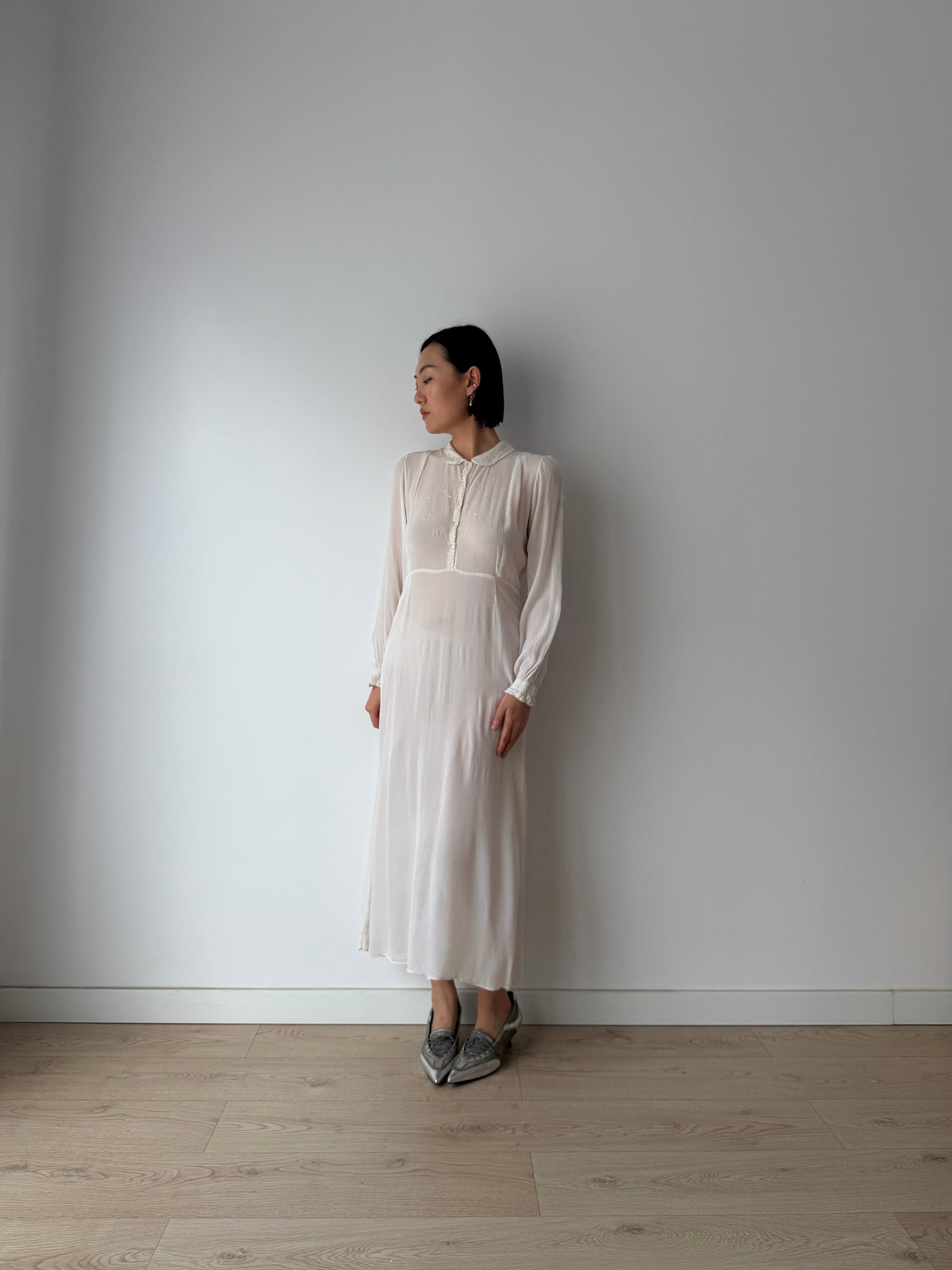 1940s Embroidery Silk Bias Cut Romantic Bridal Maxi Dress, Vintage Lace Wedding Gown