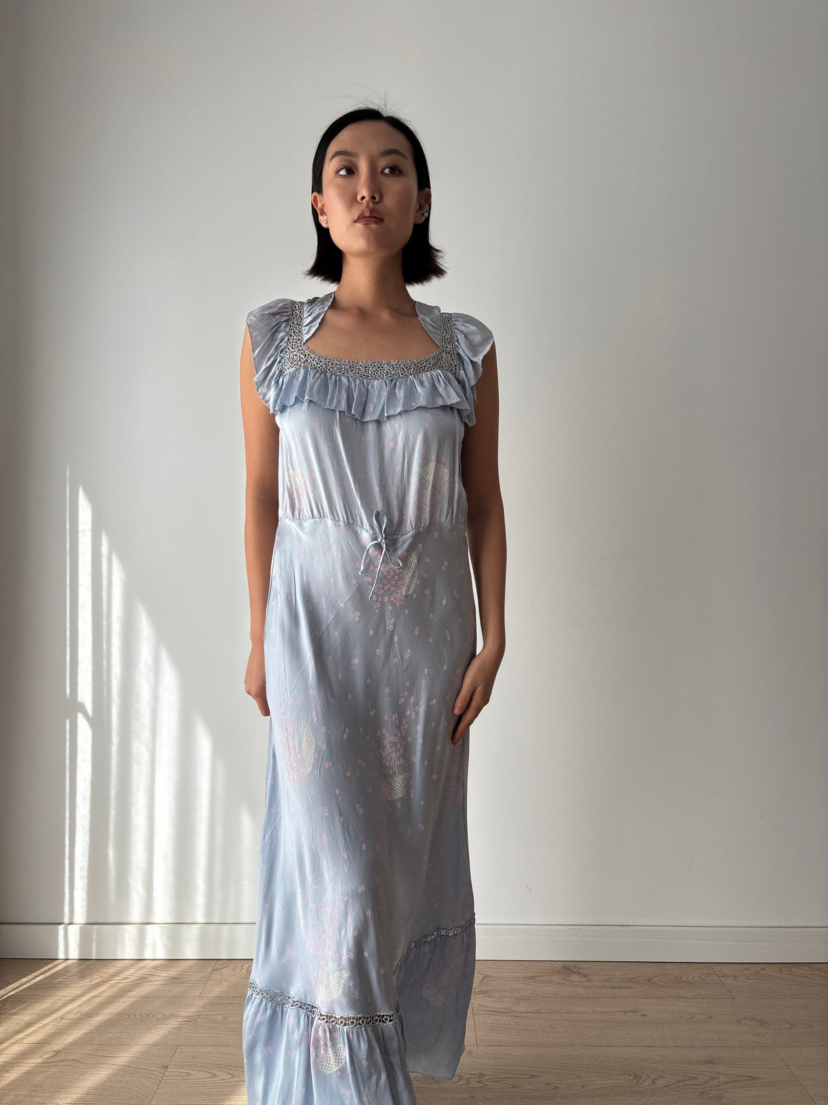 1930s–1940s Blue Floral Nightgown, Ruffled Square Neck and Lace Trim, Vintage Maxi Dress