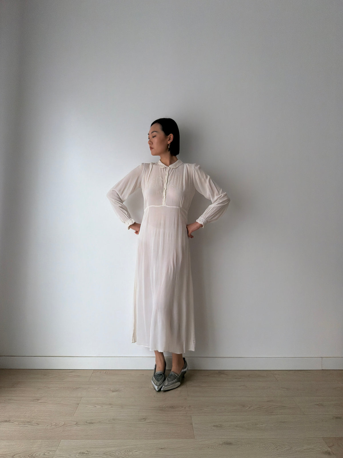1940s Embroidery Silk Bias Cut Romantic Bridal Maxi Dress, Vintage Lace Wedding Gown
