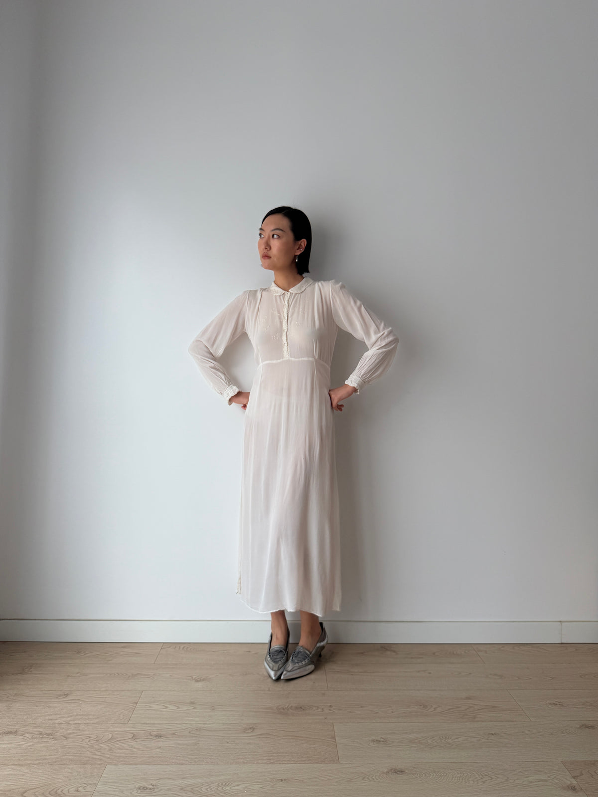 1940s Embroidery Silk Bias Cut Romantic Bridal Maxi Dress, Vintage Lace Wedding Gown