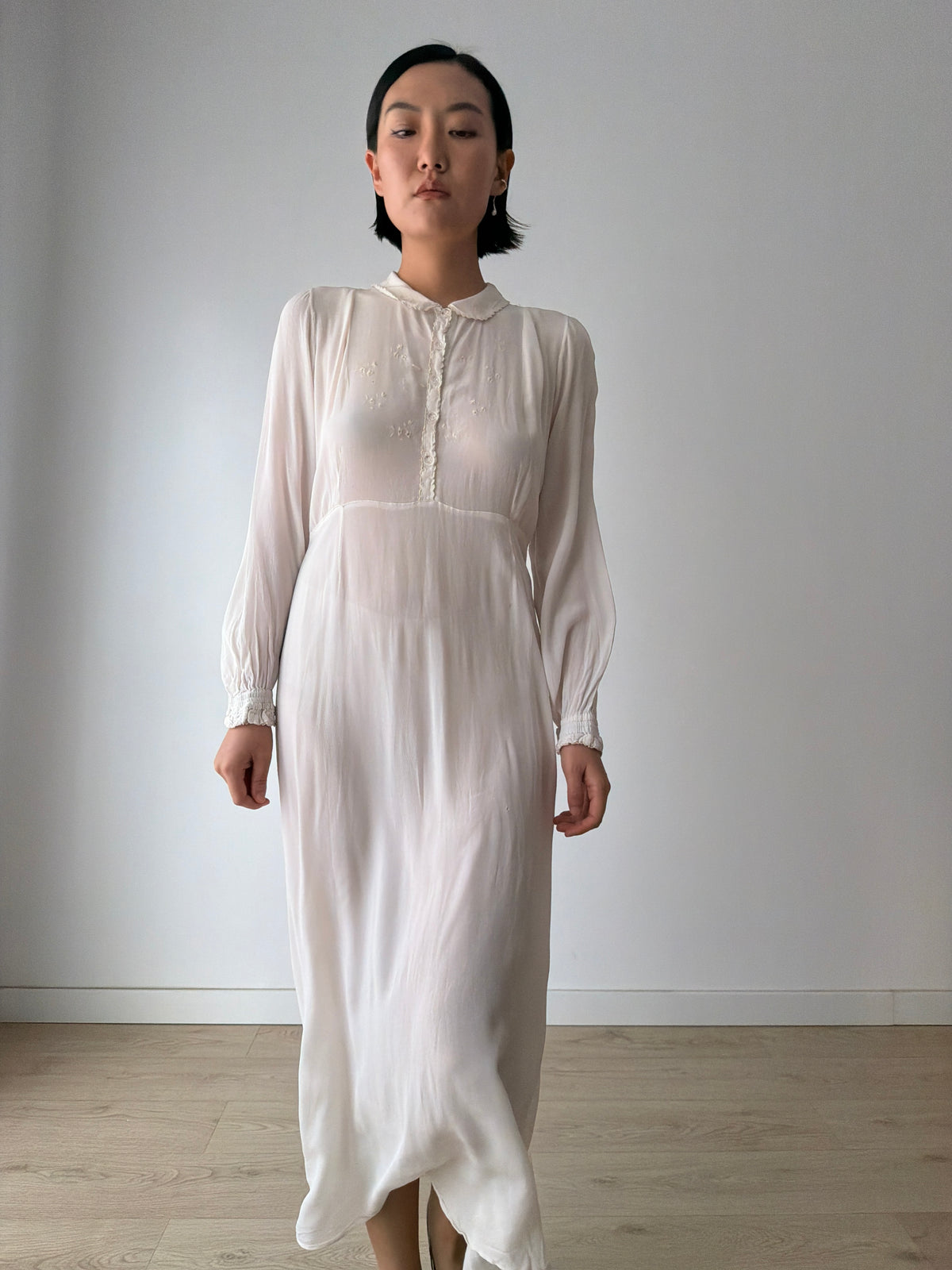 1940s Embroidery Silk Bias Cut Romantic Bridal Maxi Dress, Vintage Lace Wedding Gown