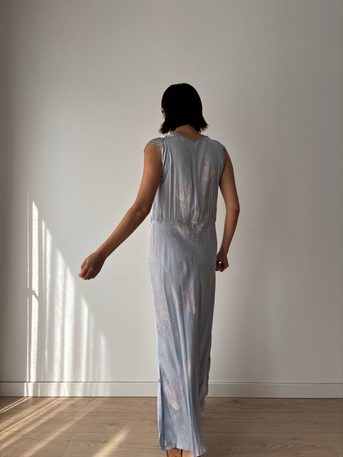 1930s–1940s Blue Floral Nightgown, Ruffled Square Neck and Lace Trim, Vintage Maxi Dress