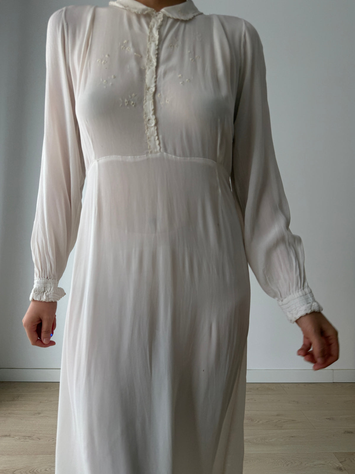 1940s Embroidery Silk Bias Cut Romantic Bridal Maxi Dress, Vintage Lace Wedding Gown