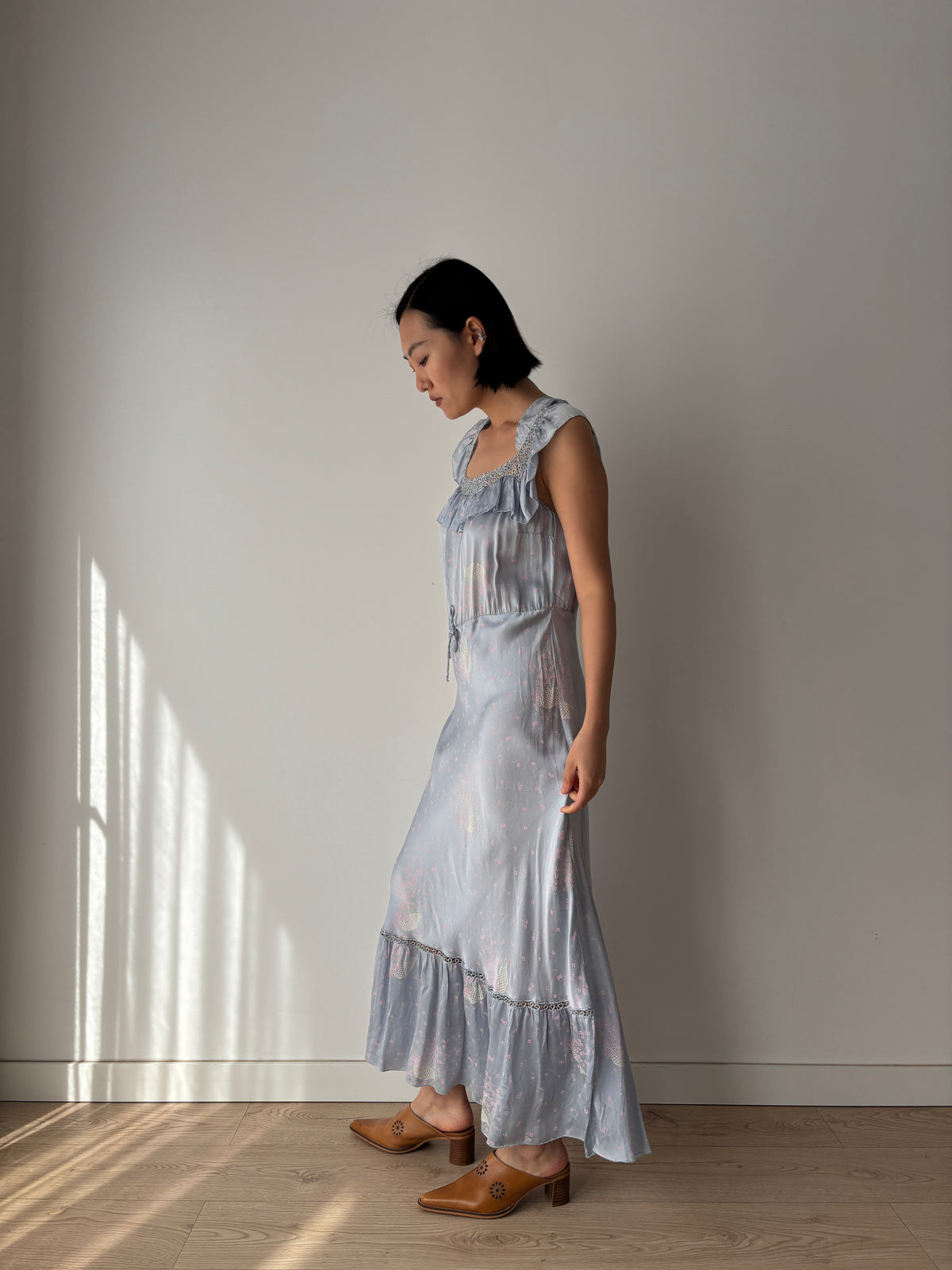1930s–1940s Blue Floral Nightgown, Ruffled Square Neck and Lace Trim, Vintage Maxi Dress