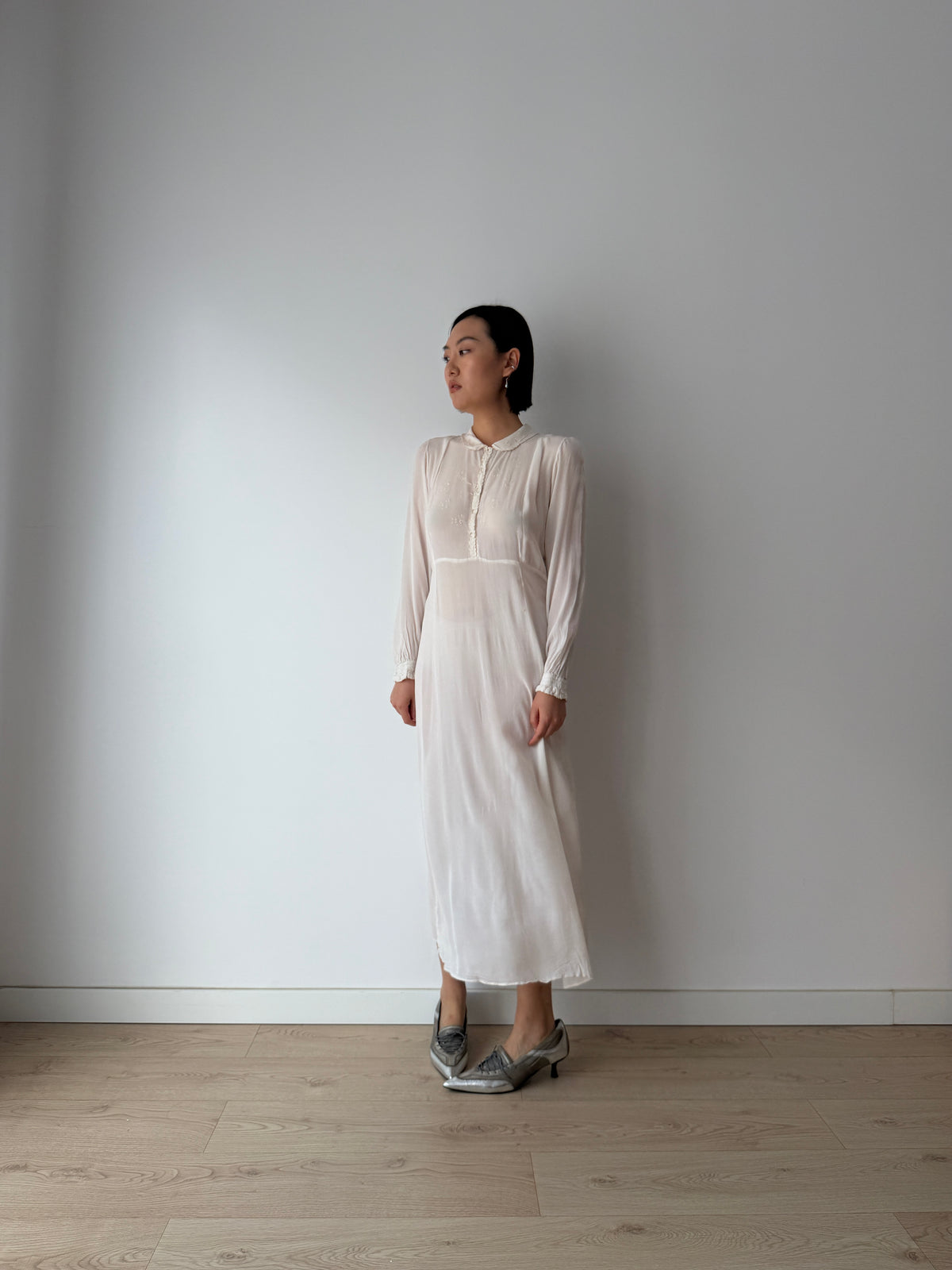 1940s Embroidery Silk Bias Cut Romantic Bridal Maxi Dress, Vintage Lace Wedding Gown