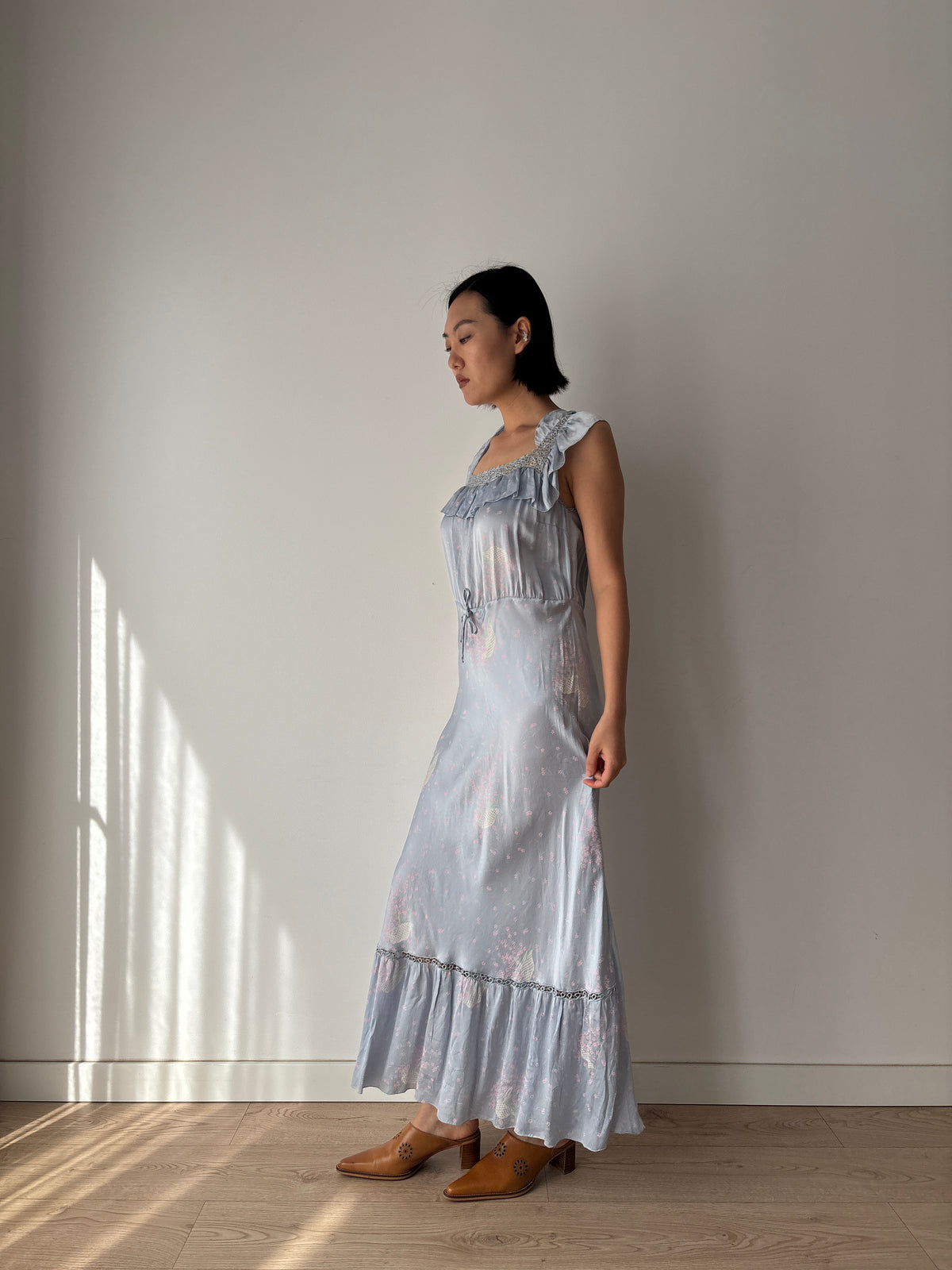 1930s–1940s Blue Floral Nightgown, Ruffled Square Neck and Lace Trim, Vintage Maxi Dress