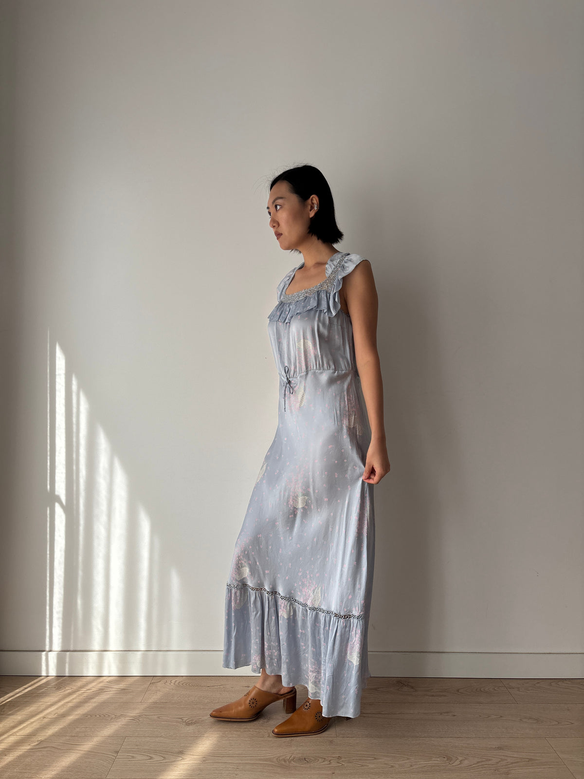 1930s–1940s Blue Floral Nightgown, Ruffled Square Neck and Lace Trim, Vintage Maxi Dress